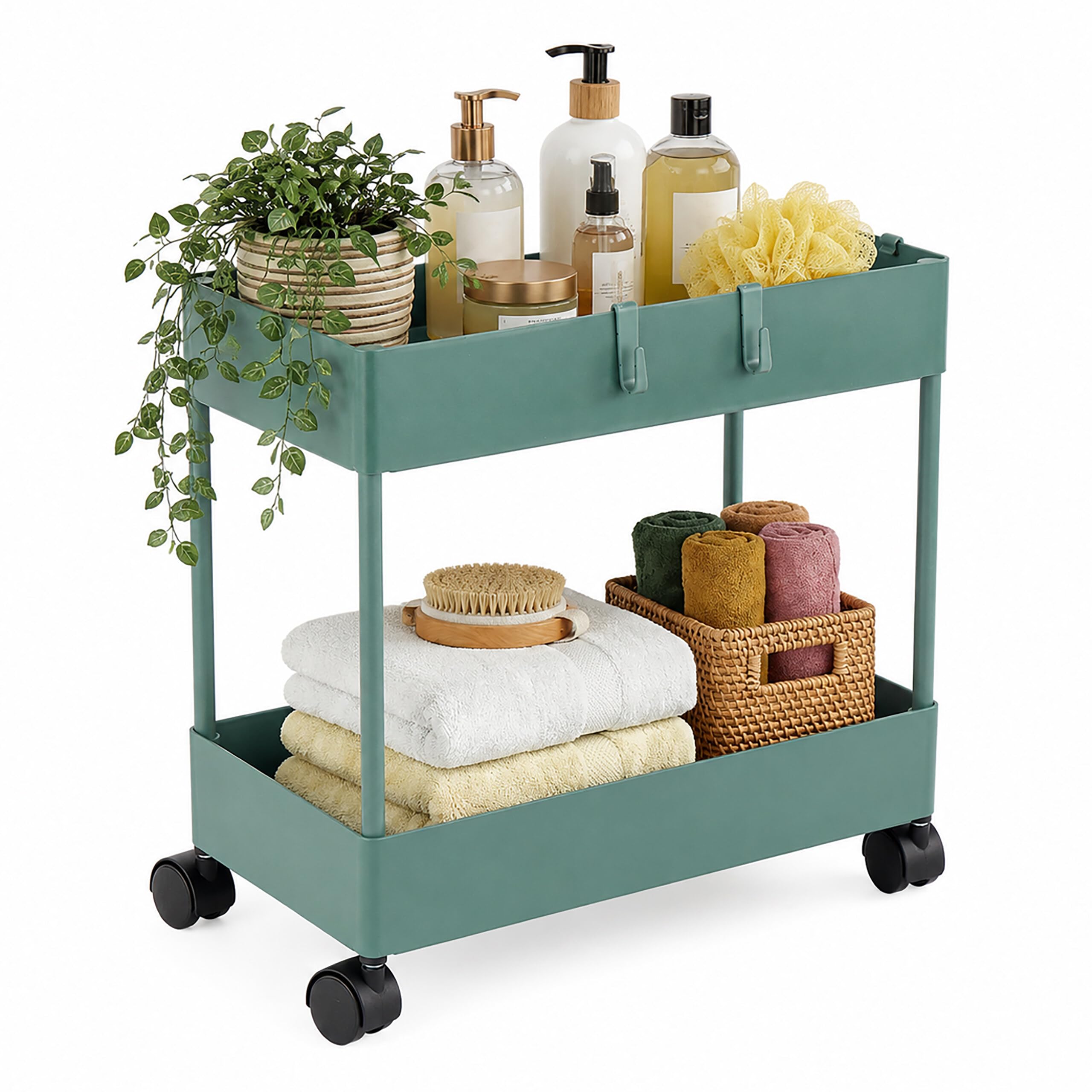 Relaxdays Carrello su ruote, 2 ripiani, verde | Carrello da cucina/servizio per bagno e ufficio, 38x39,5x21,5 cm