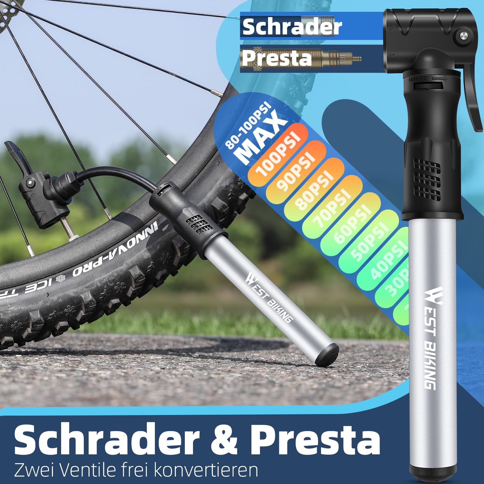 Gonfiatore CO2 Mini Per Bicicletta WEST BIKING - Alluminio, Per Valvole Presta E Schrader, Nero