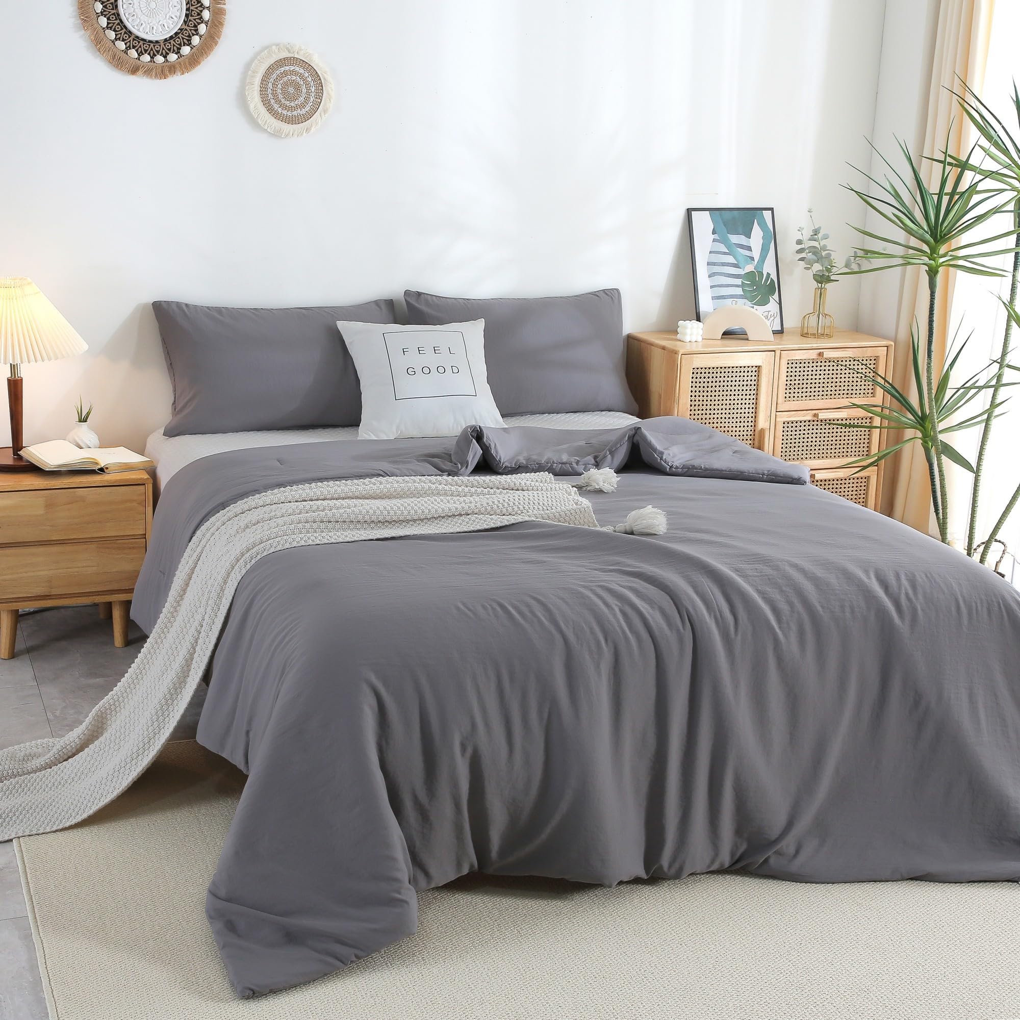 COTTEBED Ultra-Soft Gray Comforter Sets Queen Full Sized Bedding - All Season Lightweight Fuzzy Fluffy Modern Washed Polycotton Microfiber - 1 Bed Down Comforters &2 Pillowsham (Queen/Full,Dark Grey)