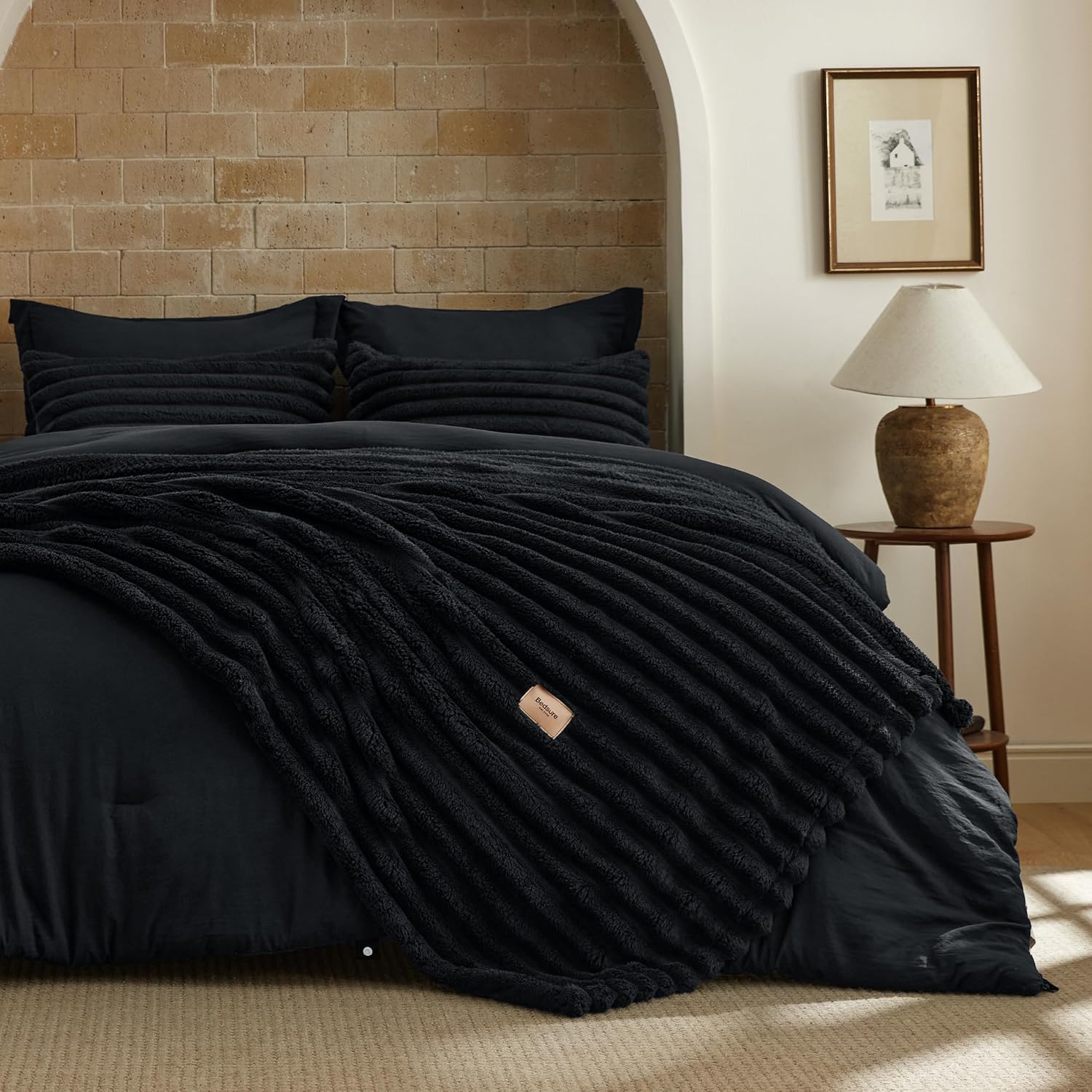 Bedsure Gentlesoft™ 2-in-1 King Size Comforter Set and Detachable Fluffy Blanket, Black Bedding Set for All Season Use, SnapTech™ Design for Space Saving (Includes 2 Pillow Shams, 2 Pillowcases) King 04 - Black