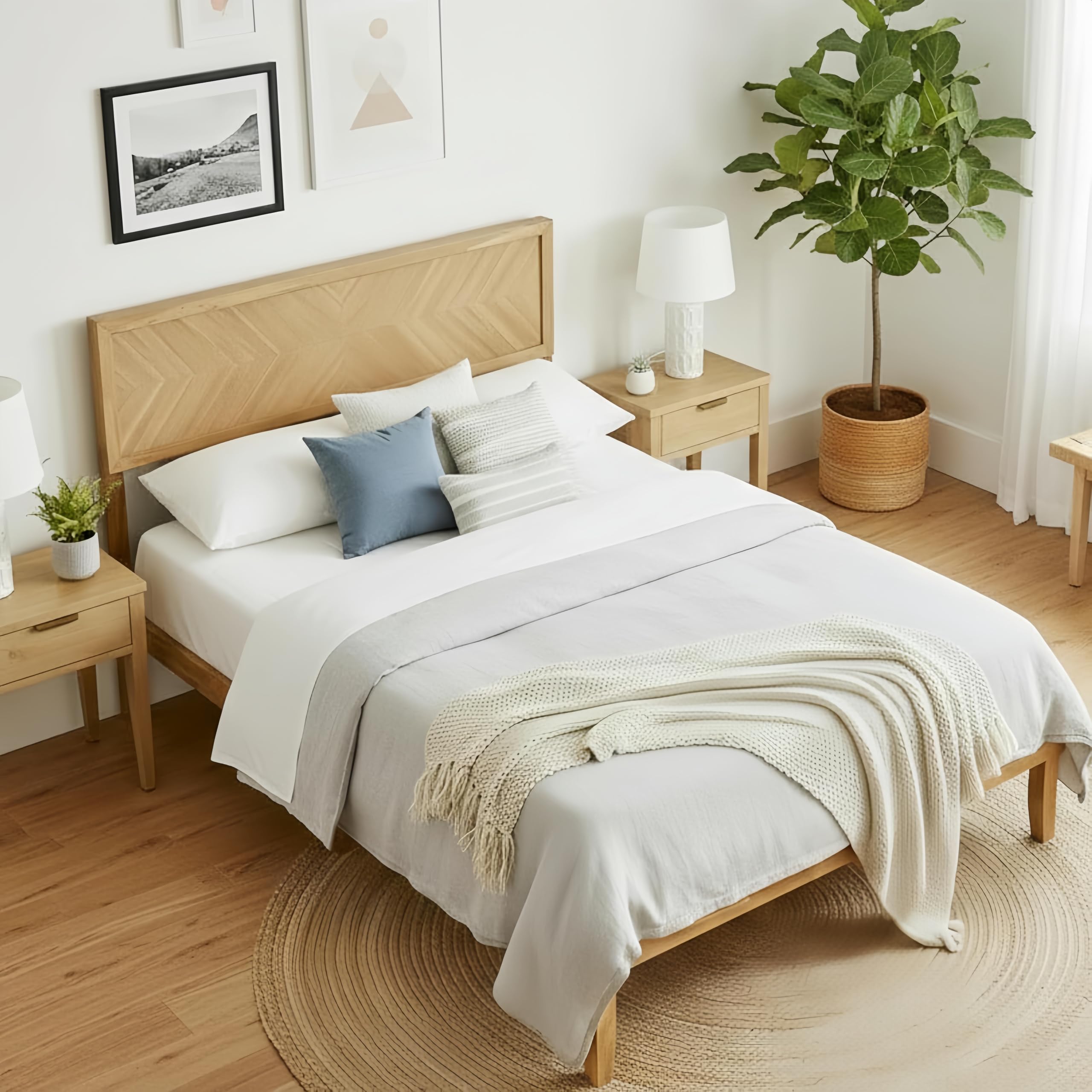 KOMFOTT Full Size Wood Bed Frame with Headboard, Solid Acacia Wood Platform Bed Frame, Wooden Slats Supported Bed Base with Under-Bed Storage Space,