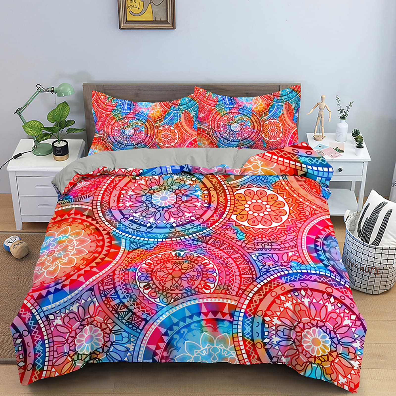 Dwetcxo King Size Duvet Cover Sets Red Mandala Pattern Kingsize Duvet Cover Sets Microfiber Breathable King Size Bedding Soft Bedding with Zipper Closure+2 Pillowcases 50x75cm 220x240cm