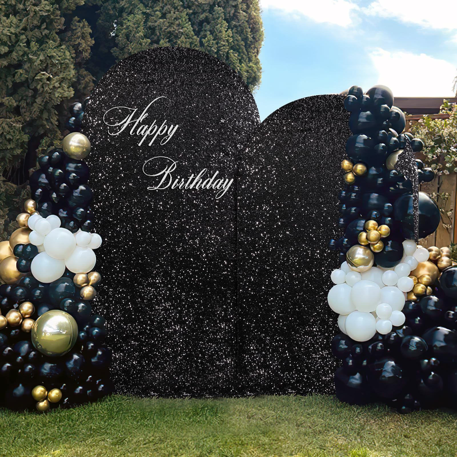 Copertura per sfondo ad arco con paillettes nere da 2,7 m, in tessuto scintillante, per feste, matrimoni, decorazioni fotografiche