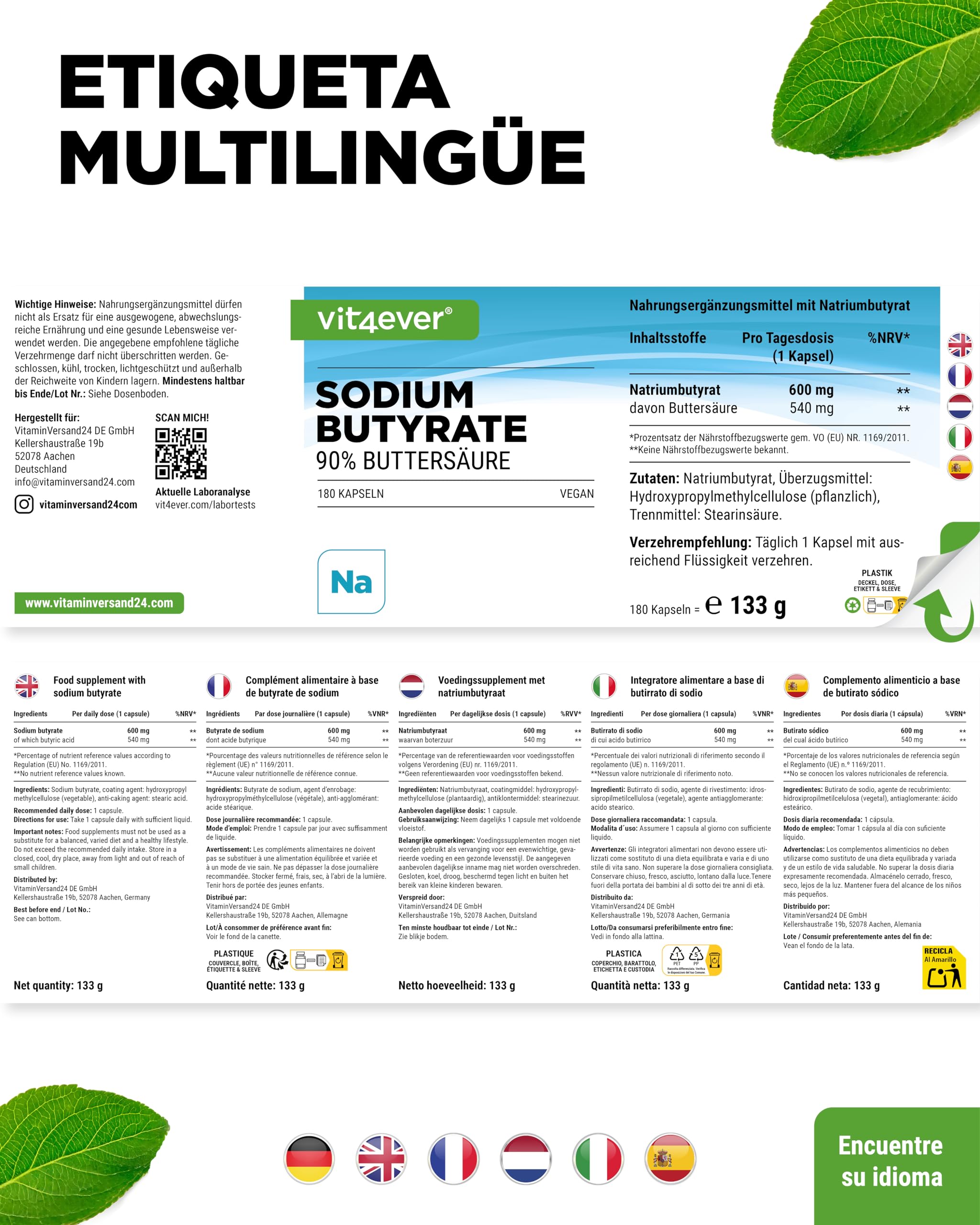 vit4ever Butirato de Sodio - 180 Cápsulas con 600 mg - Premium: 90% Ácido Butírico - Butirato de Sodio puro sin Aditivos no deseados - Alta Dosificación - Vegano