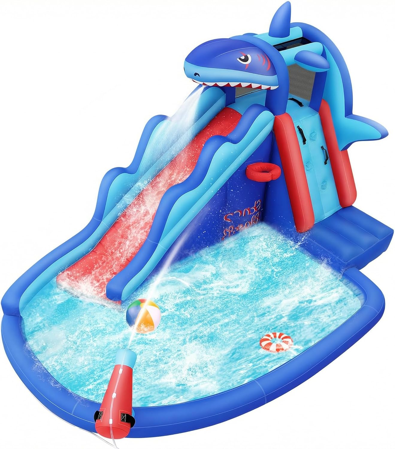 AKEYDIY Inflatable Water Slides, Shark Style Outdoor Inflatable Water Park with Climbing, Basketball Rim, Splash Pool, Water Cannon, Blow up Water Slides for Kids Backyard