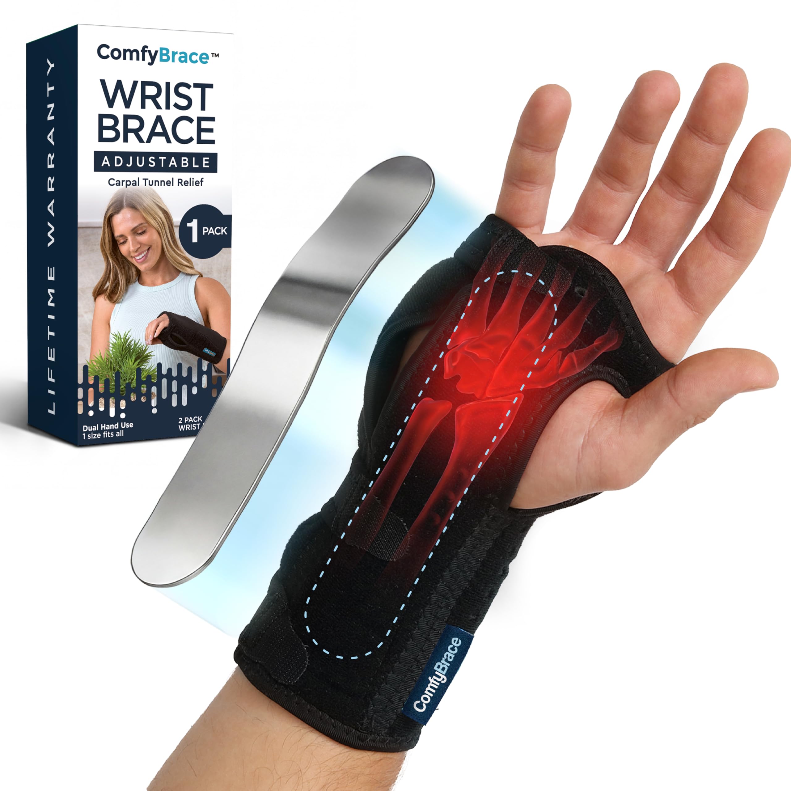 ComfyBrace Nighttime Pain Relief Wrist Brace for Carpal Tunnel, Tendonitis, Arthritis | Fits & Soothes Aches in Both Hands | Palm Cushion Beads for Hot Spots | Breathable Fabric | (Pack of 1)