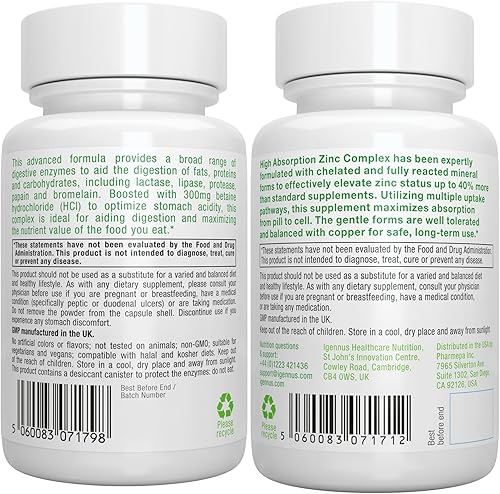 Miniatura 6 de Enzimas digestivas avanzadas y betaína HCl + complejo de zinc 25 mg paquete vegano, ayuda digestiva con picolinato de zinc quelado y bisglicinato,
