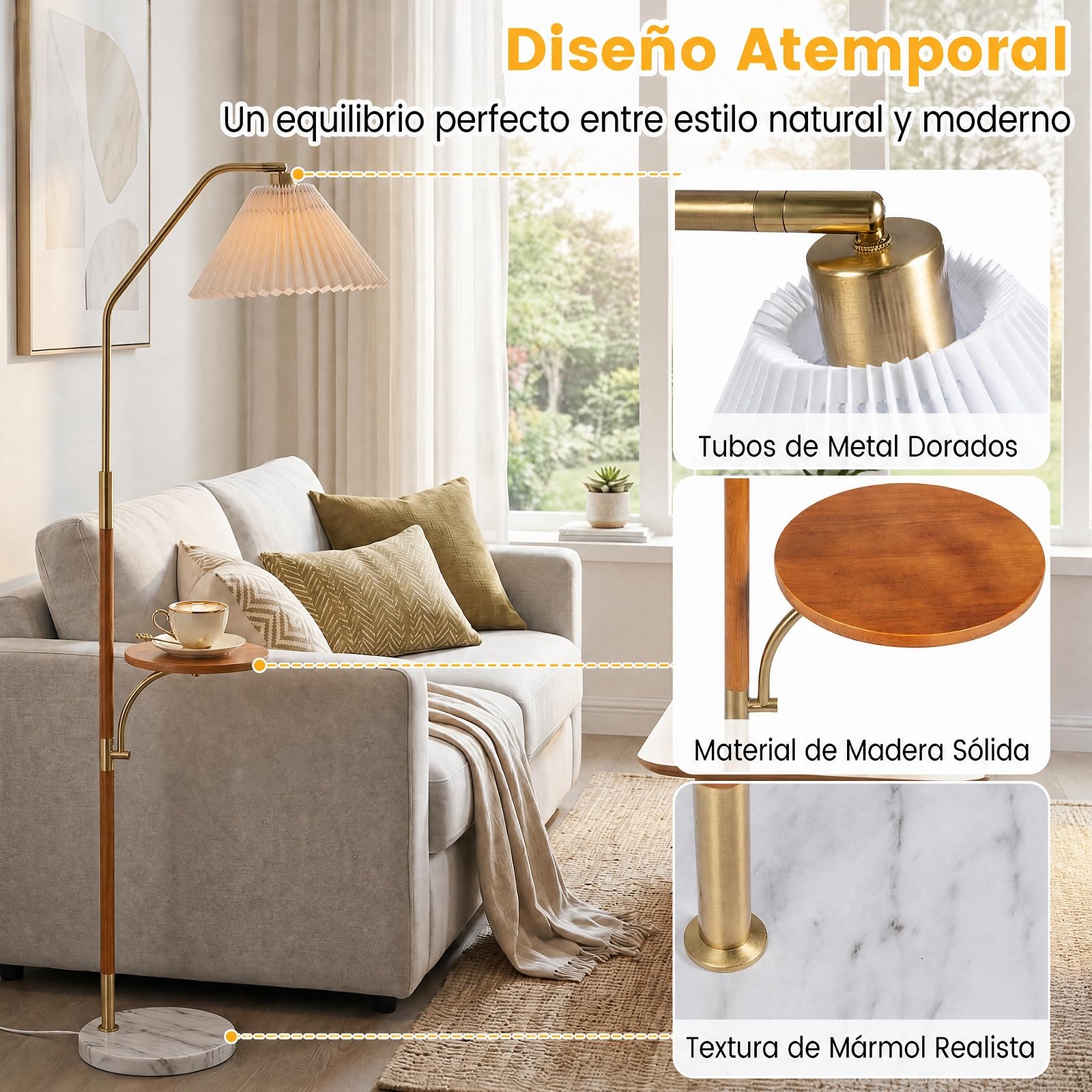 COSTWAY 159,5 cm Lámpara de Pie con Mesa Auxiliar, sin Bombilla | Lampara de Lectura con Ángulo y Altura Ajustables, Pantalla de Papel Plisado, Base Redonda, Lamparas para Salón y Dormitorio