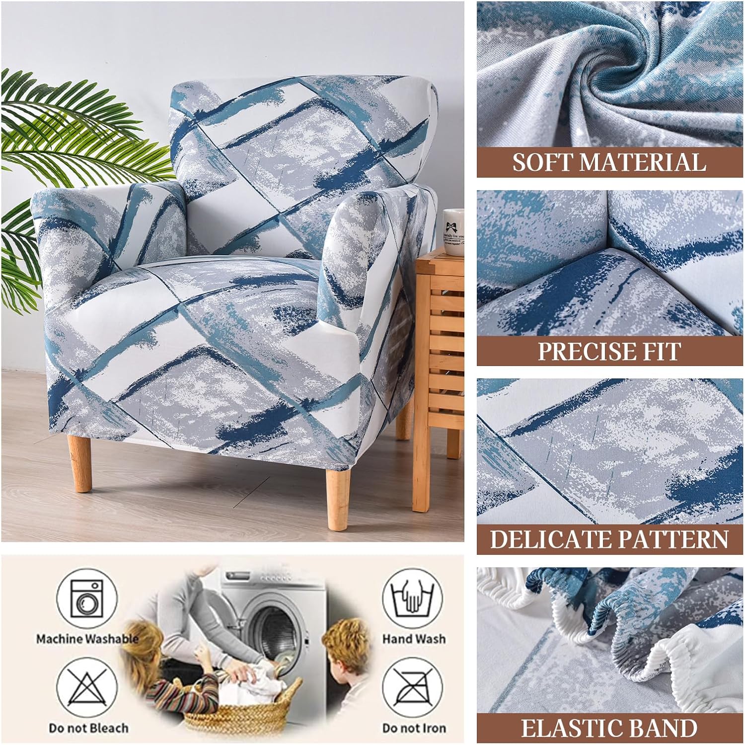 Couch Chair Cover Modern Simple Single Sofa Slipcover Printed Furniture Protector Stretch Armchair Covers for Living Room Office Reception Reading Sofa Blue Plaid