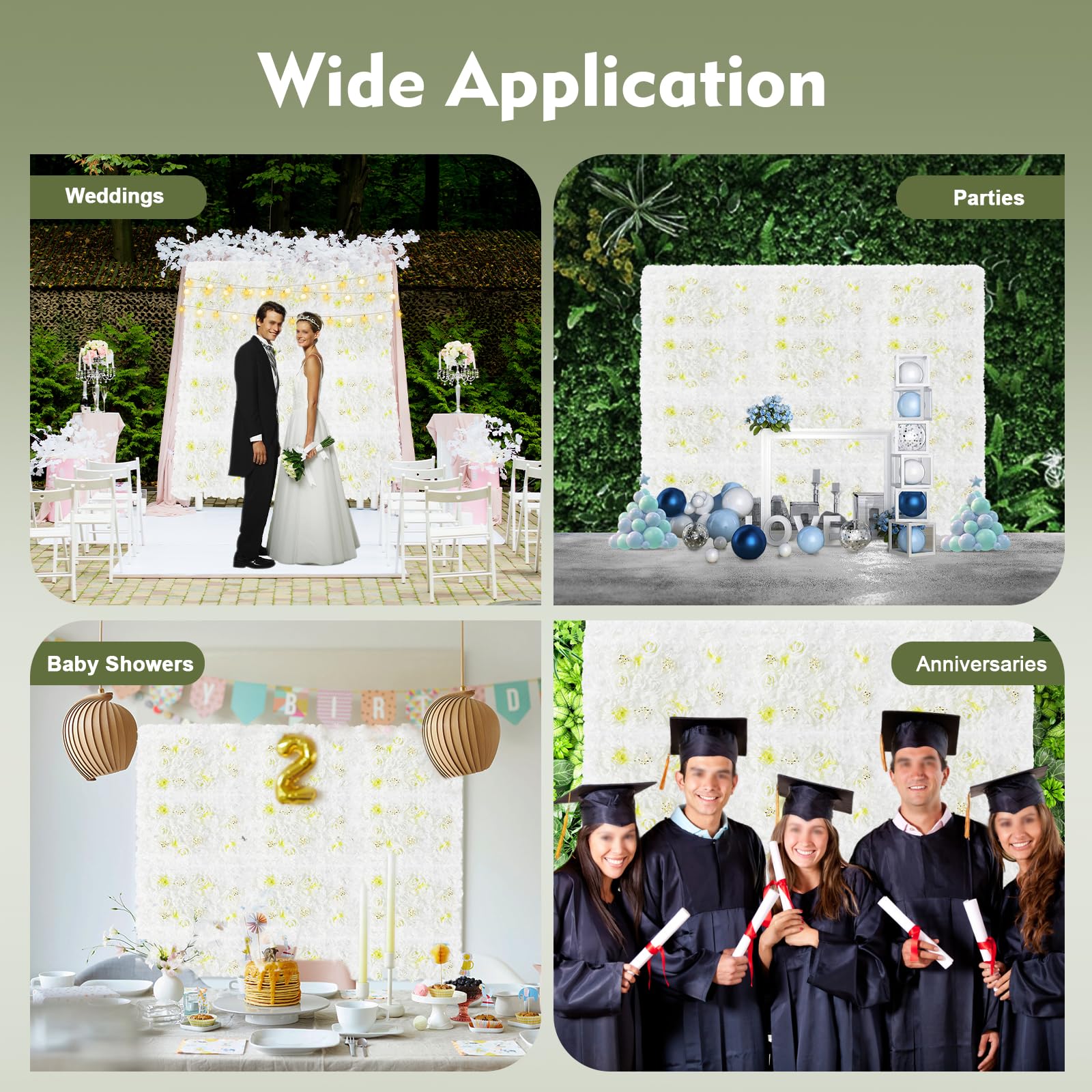 Künstliche Blumenwand 12 Stück Flower Wall künstliche Rose, DIY Blume Wandpaneel für Hochzeit, Hintergrund, Dekoration, Zuhause, Garten, Party, Dekoration, 60 x 40 cm, Weiße