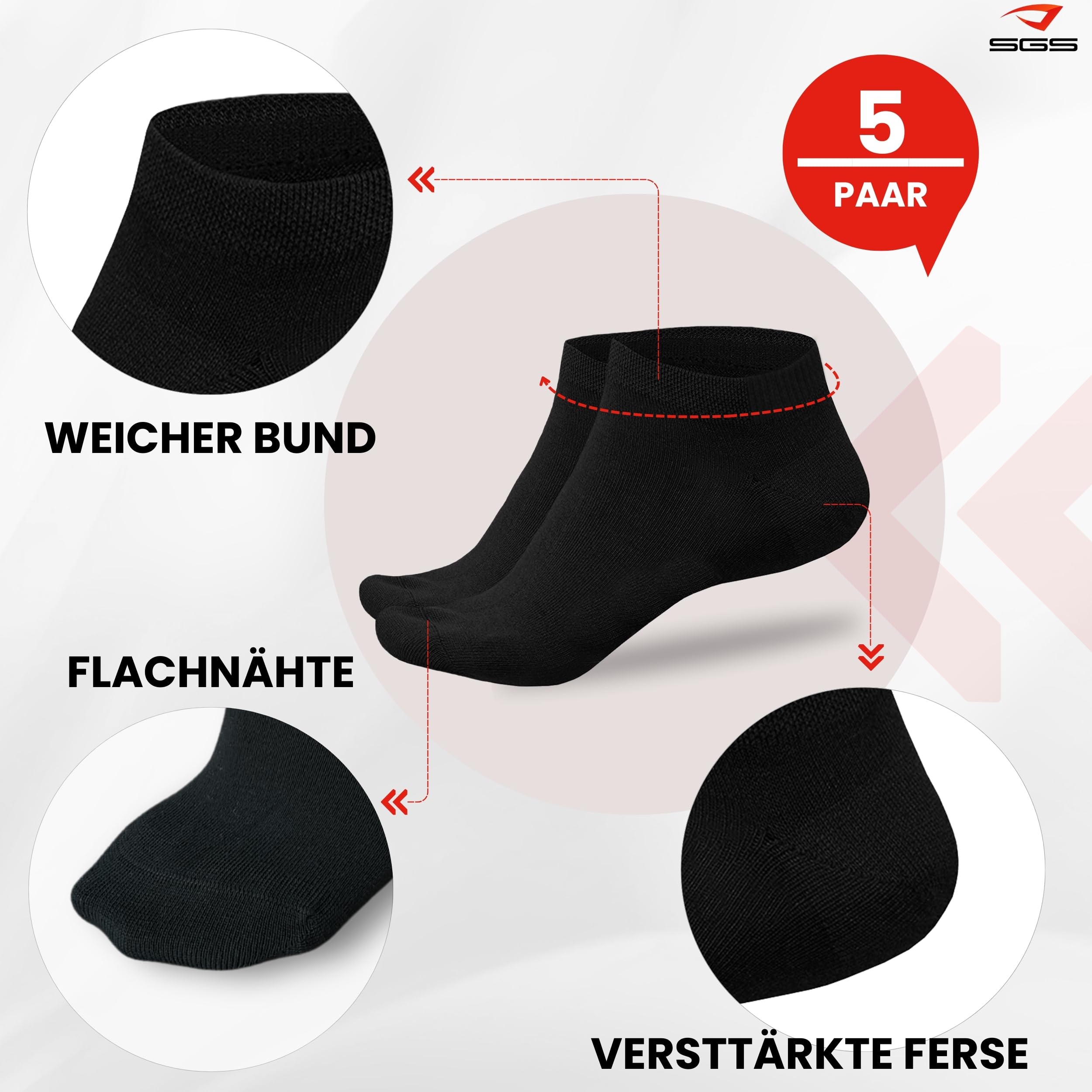 SGS Komfort Bambus Sneaker Socken Herren Damen - Weiche Pique Bund Bambus Socken Schwarz Gegen Schweiß - Geruchskiller- 5er oder 10er Pack