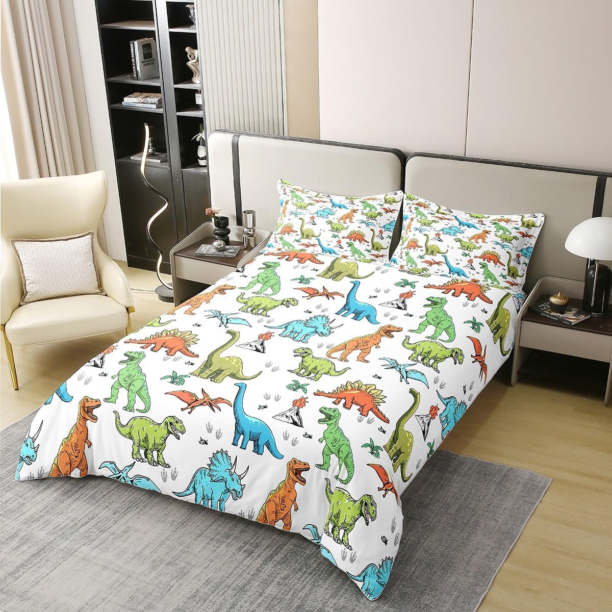 100% Cotton Watercolor Dinosaurs Duvet Cover Twin Cartoon Colorful Dinos Comforter Cover Volcano Plant Paw Print Bedding Set for Boys Girls Bedroom Soft Breathable Quilt Cover,No Comforter