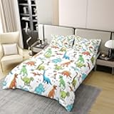 100% Cotton Watercolor Dinosaurs Duvet Cover Twin Cartoon Colorful Dinos Comforter Cover Volcano Plant Paw Print Bedding Set for Boys Girls Bedroom Soft Breathable Quilt Cover,No Comforter