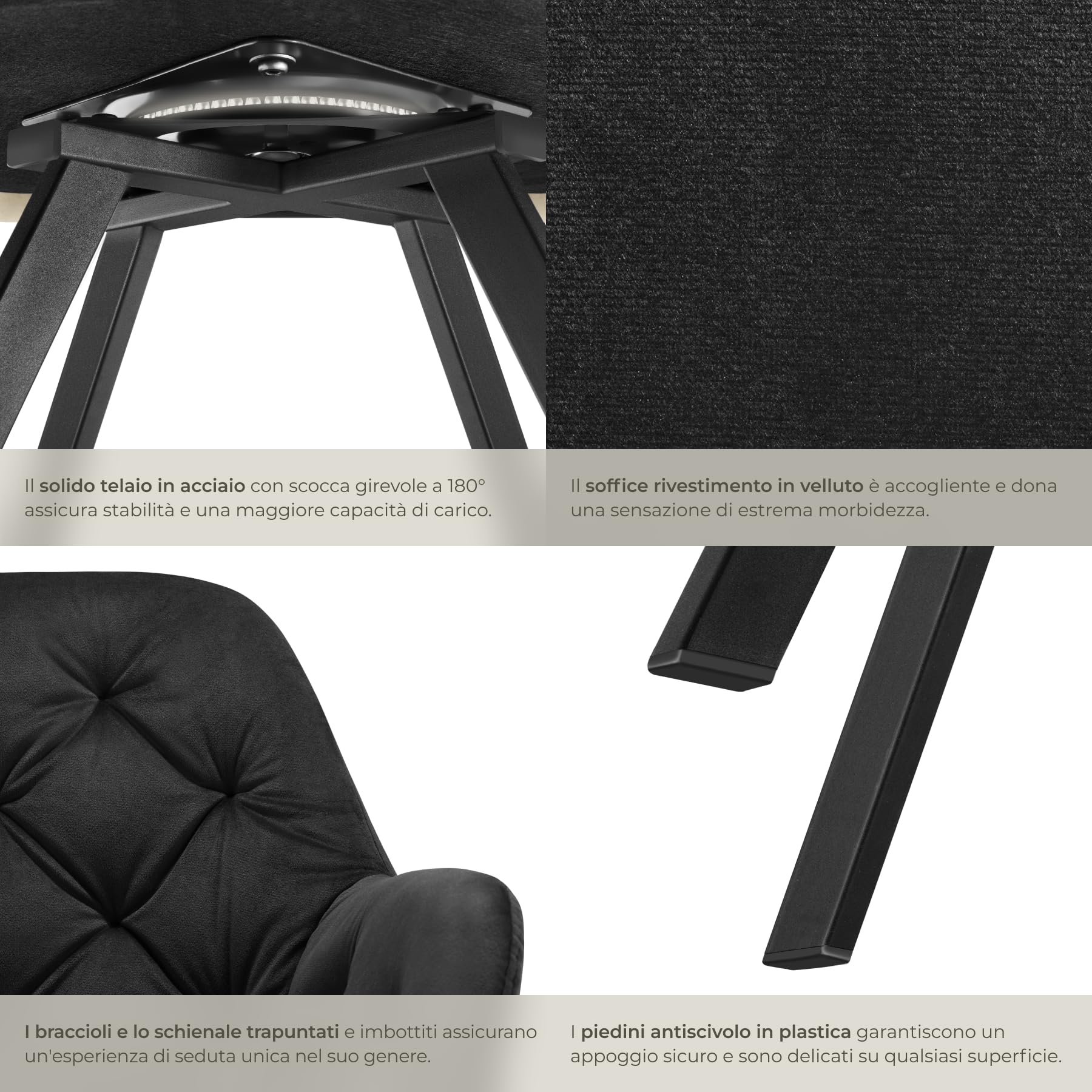 tectake® Set da 4 Poltrona Girevole in Velluto, Sedia Sala da Pranzo con Braccioli, Seduta e Schienale Ergonomici, Rotazione a 180°, Sedia Moderne con Gambe in Acciaio - Nero