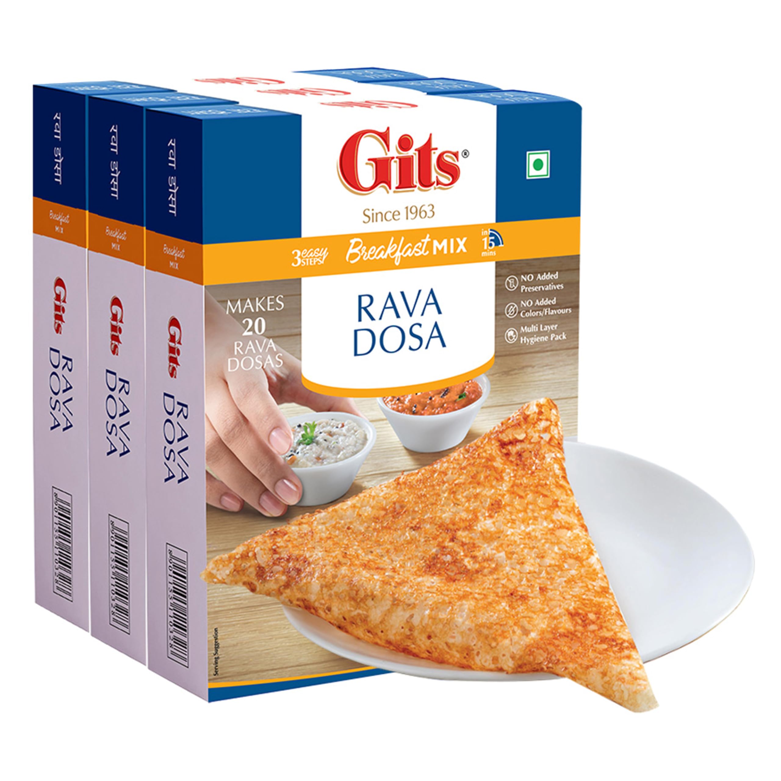 Gits Instant Rava Dosa Breakfast Mix, Makes 20 per Pack, Pure Veg, South Indian Recipe, 1500g (Pack of 3, 500g Each)
