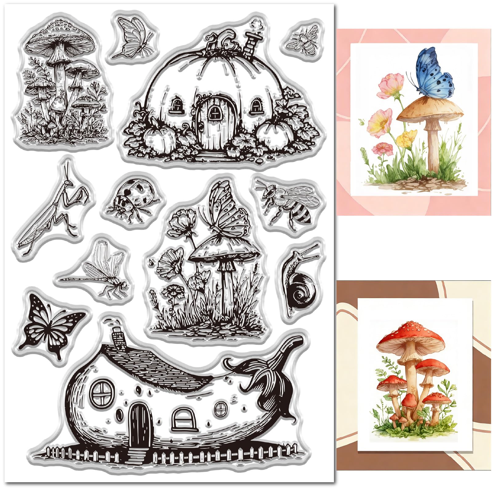 CRASPIRE House Clear Rubber Stamps Reusable Pumpkin House Mushrooms Insects Butterflies Transparent Silicone Stamp Seals for Journaling Card Making Decor DIY Scrapbooking Photo Album Decorative
