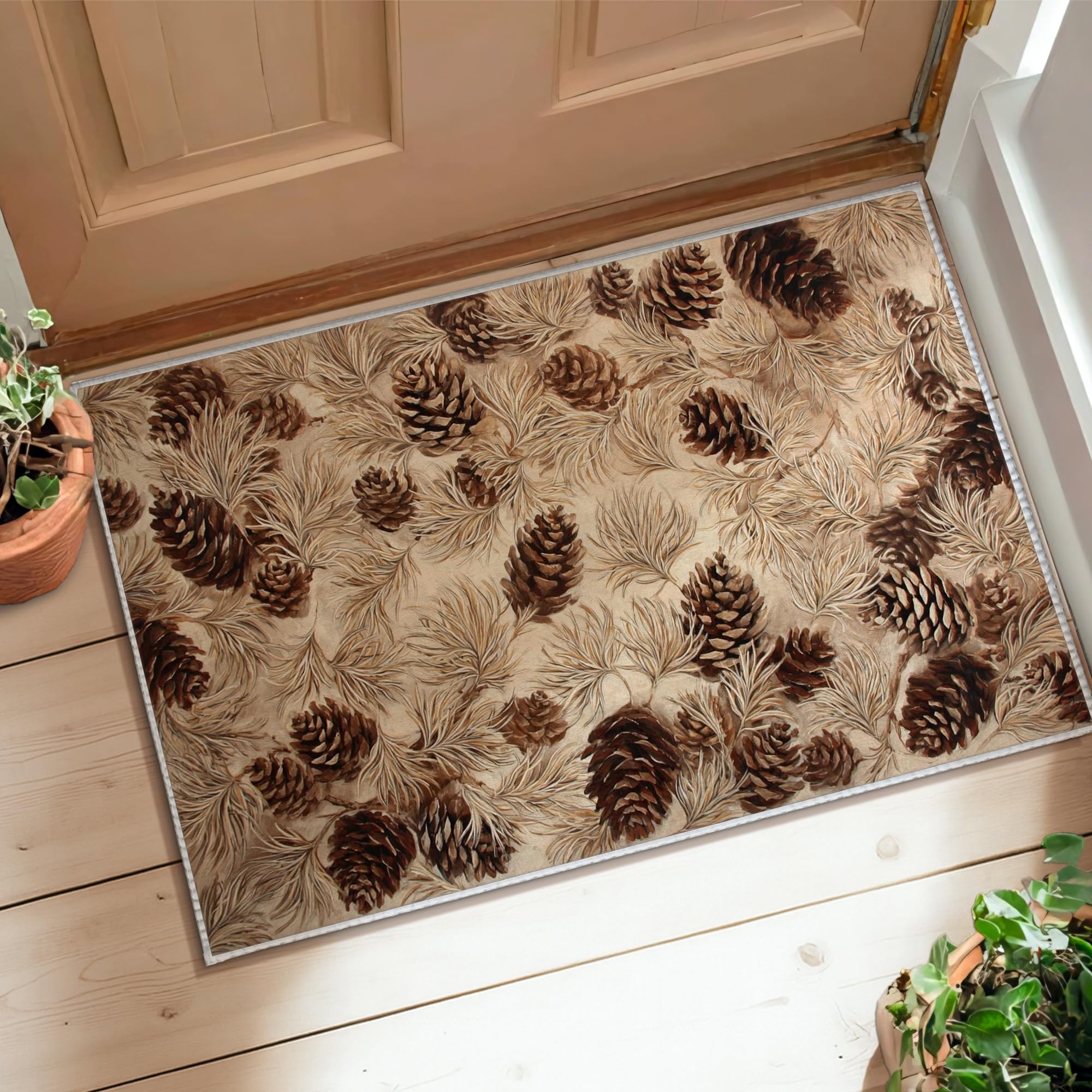 Tapis pommes de pin esprit nature pour une chambre et un bain cosy