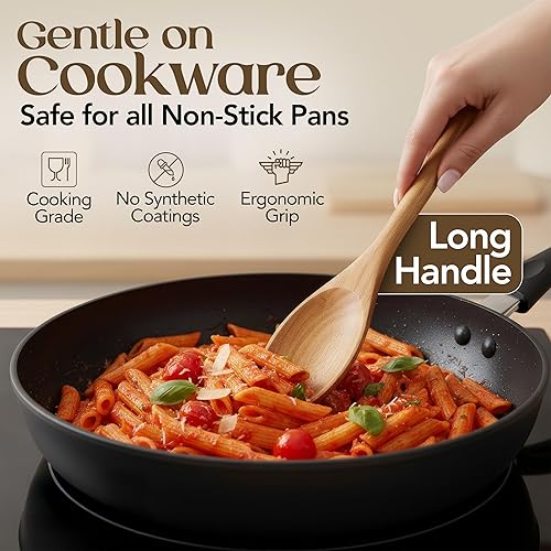 Miniatura 3 de Juego de 8 cucharas de cocina de madera de teca, juego de utensilios de madera con espátula raspador, cuchara para pasta, pinzas de arroz para