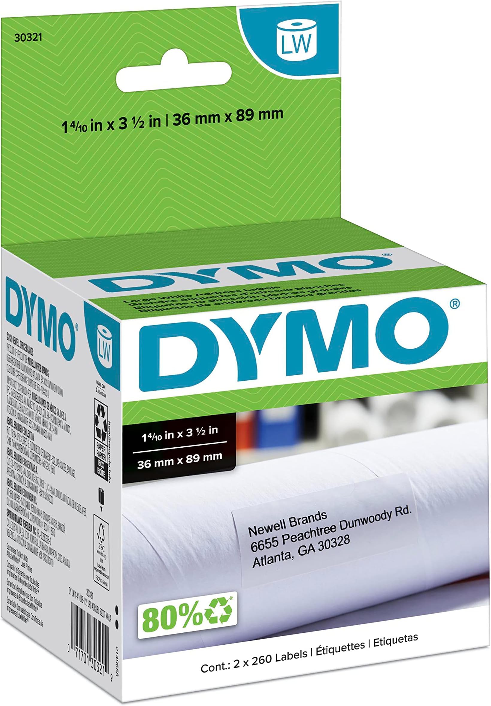 DYMO Authentic LW Large Mailing Address Labels, DYMO Labels for LabelWriter Label Printers, 1-4/10" x 3-1/2", 2 Rolls of 260, (Pack of 10)
