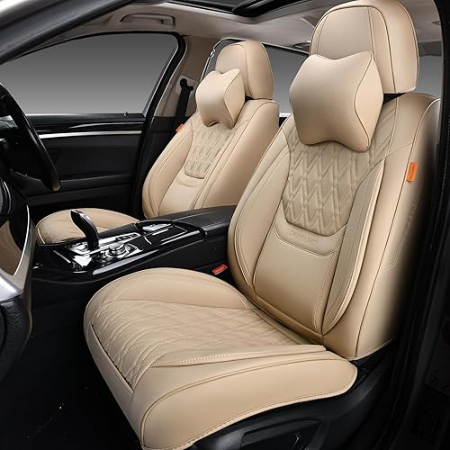 Miniatura 1 de Fundas de asiento delantero de automóvil, par de fundas de asiento delantero de cuero transpirable con reposacabezas, funda universal de asiento de