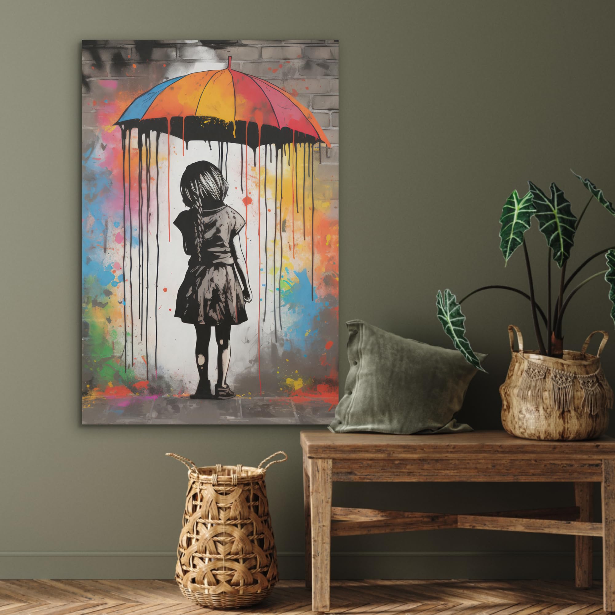 MuchoWow© Décoration en Feutre Murale Design 60x90 cm Élément Déco Chambre Salon Maison Cuisine Moderne Fille - Art - Parapluie - Graffiti - Couleurs - Mur