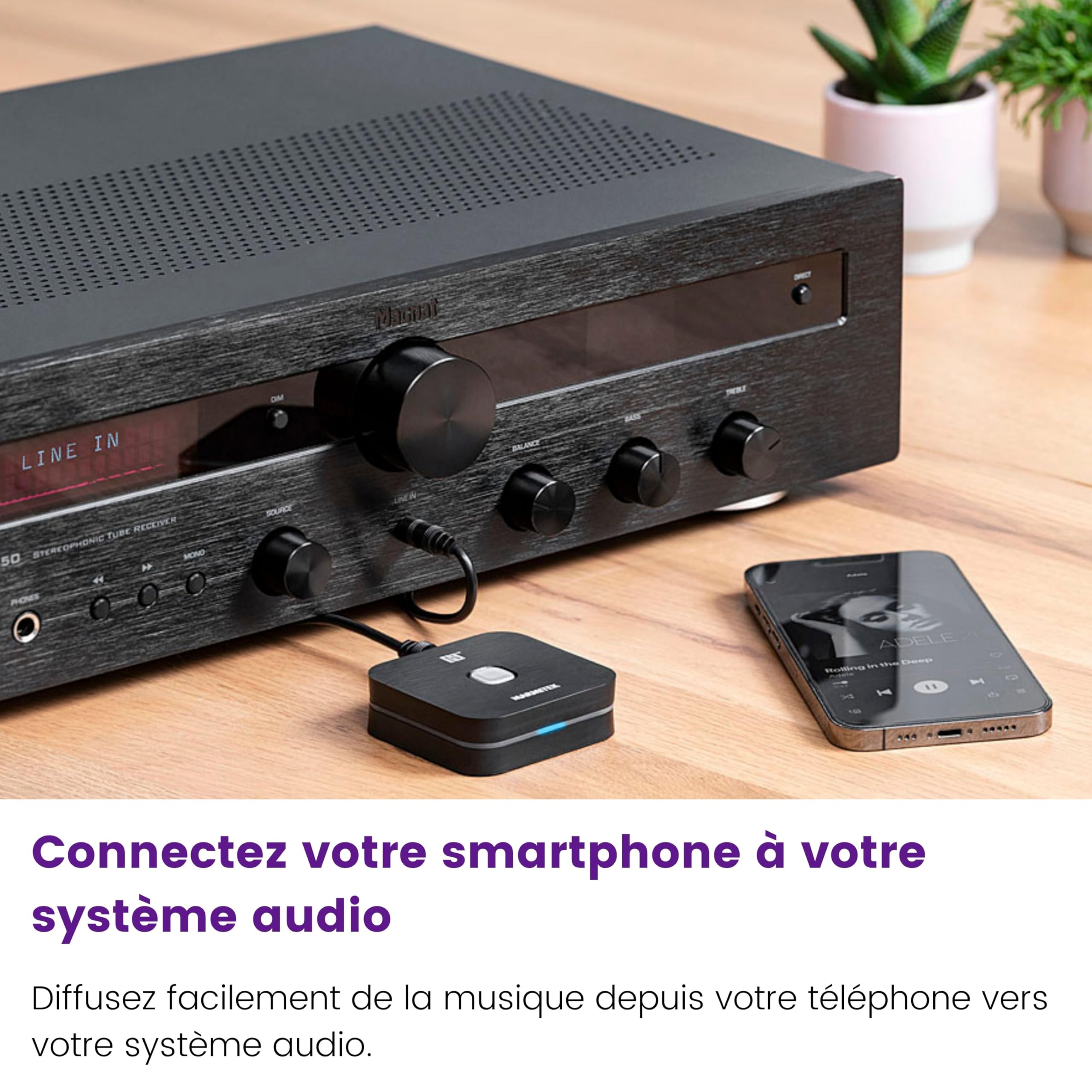 Marmitek BoomBoom 80 - Récepteur Audio Bluetooth stéréo NFC pour Hi-FI | Récepteur Bluetooth pour musique sans fil, sortie jack 3,5 mm, alimentation USB, A2DP, veille et bouton de déconnexion