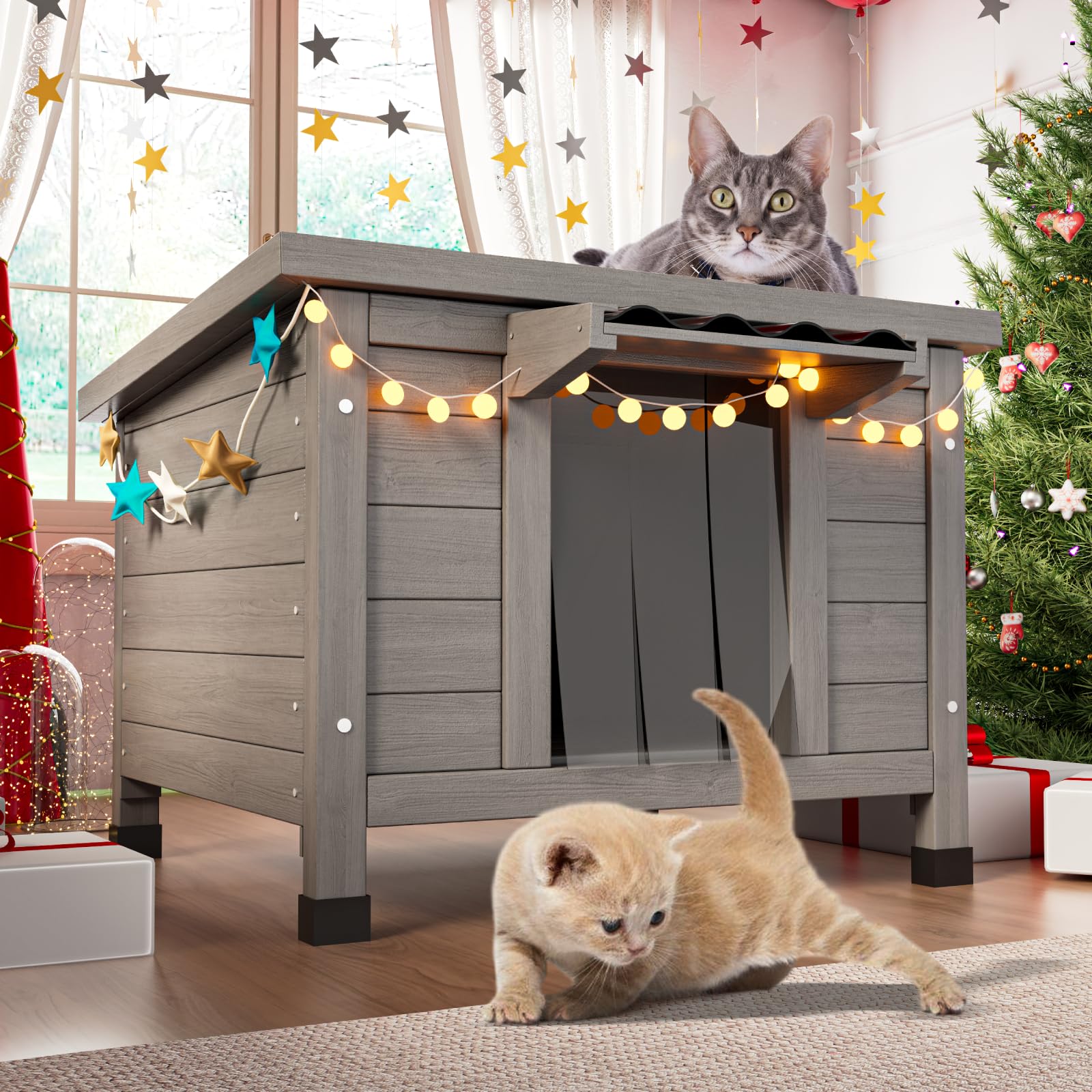 Outdoor Cat House, Feral Cat Shelter Waterproof with Raised Floor, Large Outside Feral Cats Enclosure for Cats and Rabbit, Wooden Cat Condos for Multiple Pets 21.3" L x 19.9" W x 18.9" H