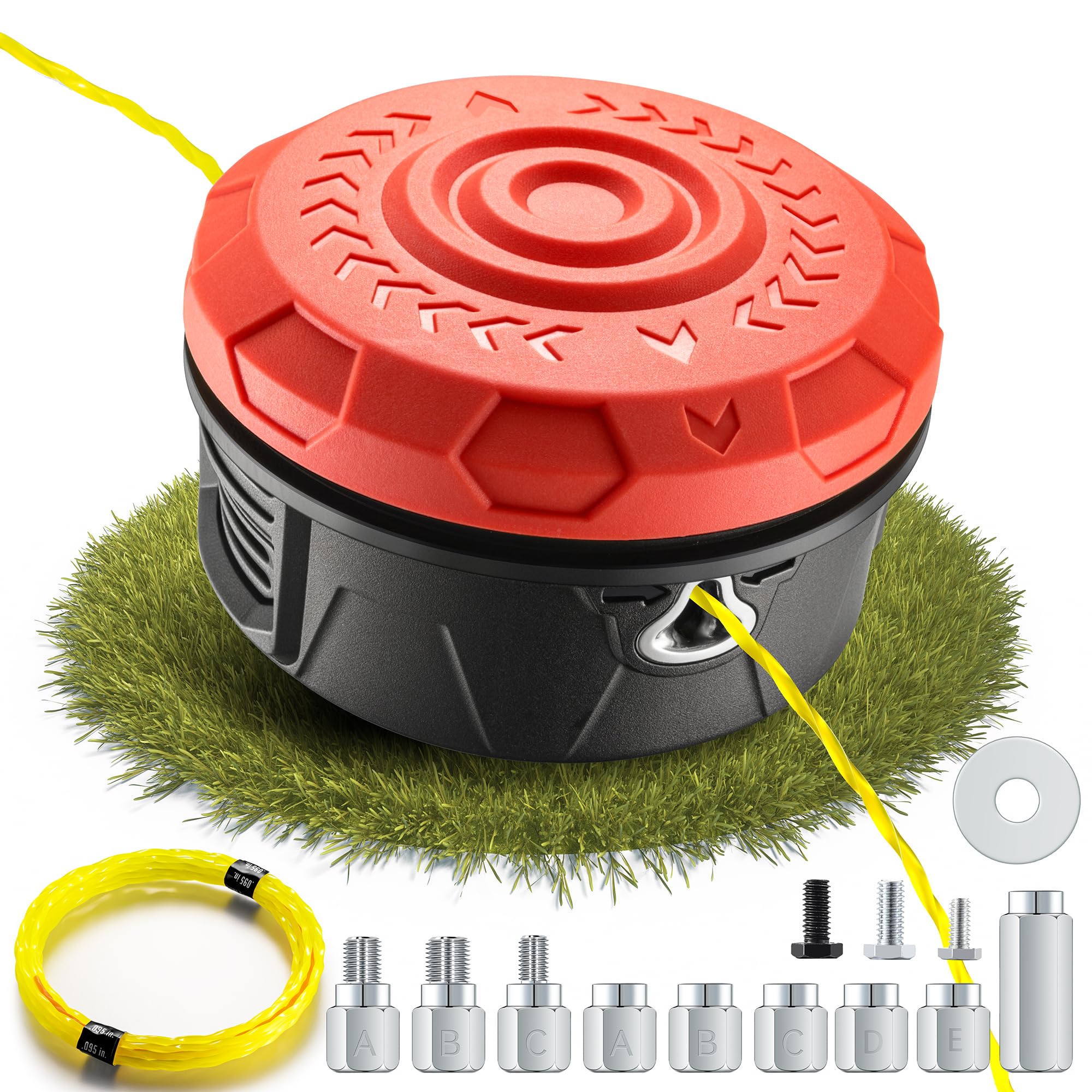 Tête de Fil pour débroussailleuse Filetage Gauche avec système Tap & Go，Tête d'alimentation Facile pour Echo, Stihl, Ryobi – Livrée avec 4,2 m de Fil de Coupe (0,095") et 6 adaptateurs