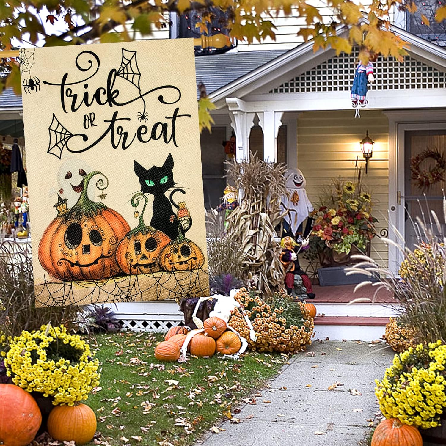 Unves Halloween Flags for Outdoors 28 x 40 Double Sided, Trick or Treat Halloween House Flag, Cat Ghost Pumpkin Large Halloween Yard Flag for Farmhouse Garden Porch Balcony Lawn Decorations