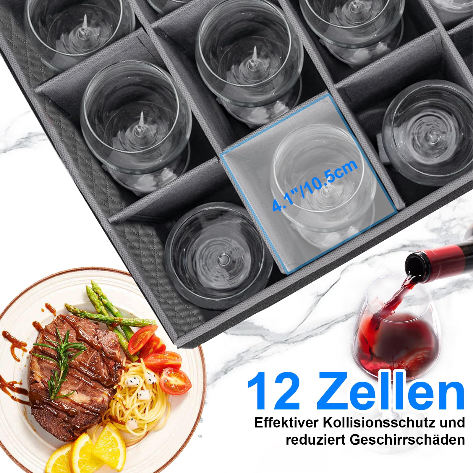 2 Stück Aufbewahrungsbox für Weingläser, Bewegen Gläserhalterung für Weingläser Faltbox mit Trennwänden Gläser Aufbewahrung für 24 Kristallglaswaren Kristallglasware( 44*33*25cm,Dunkelgrau)