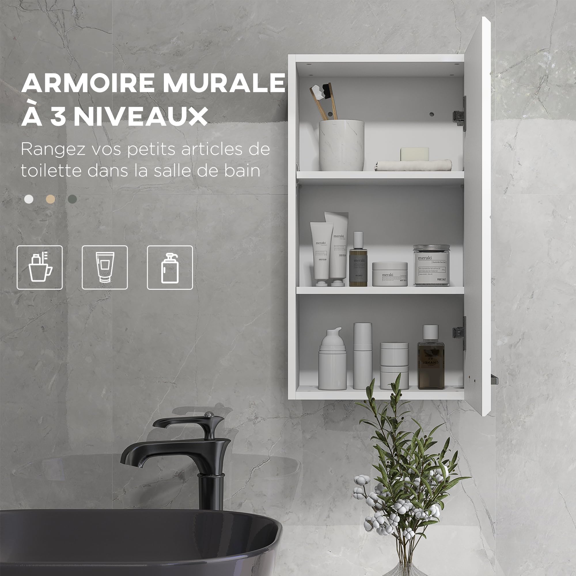 kleankin Armoire Murale de Salle de Bain, Placard de Rangement Toilette 3 Niveaux, étagère réglable, 1 Porte, Moderne, Armoire Suspendue, 37 x 22,5 x 70 cm, Blanc Haut Brillant