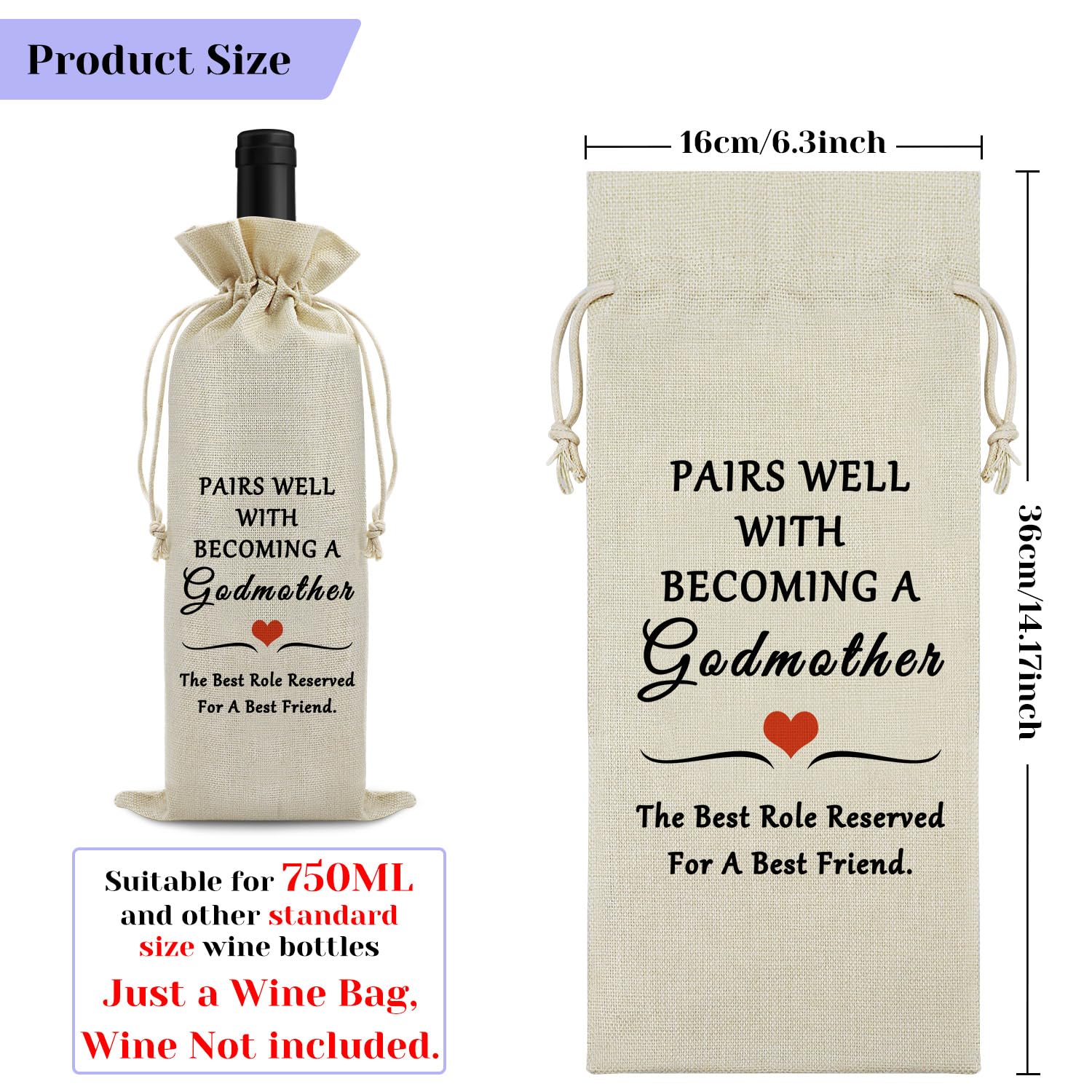 Godmother Gifts Wine Bags Baptism Gift for Best Aunts Friend Sister Godmother Proposal Gift Christening Gift for Godmother Wine Bottle Bag First Communion Gifts for Godmother Mother's Day Gifts - Image 2