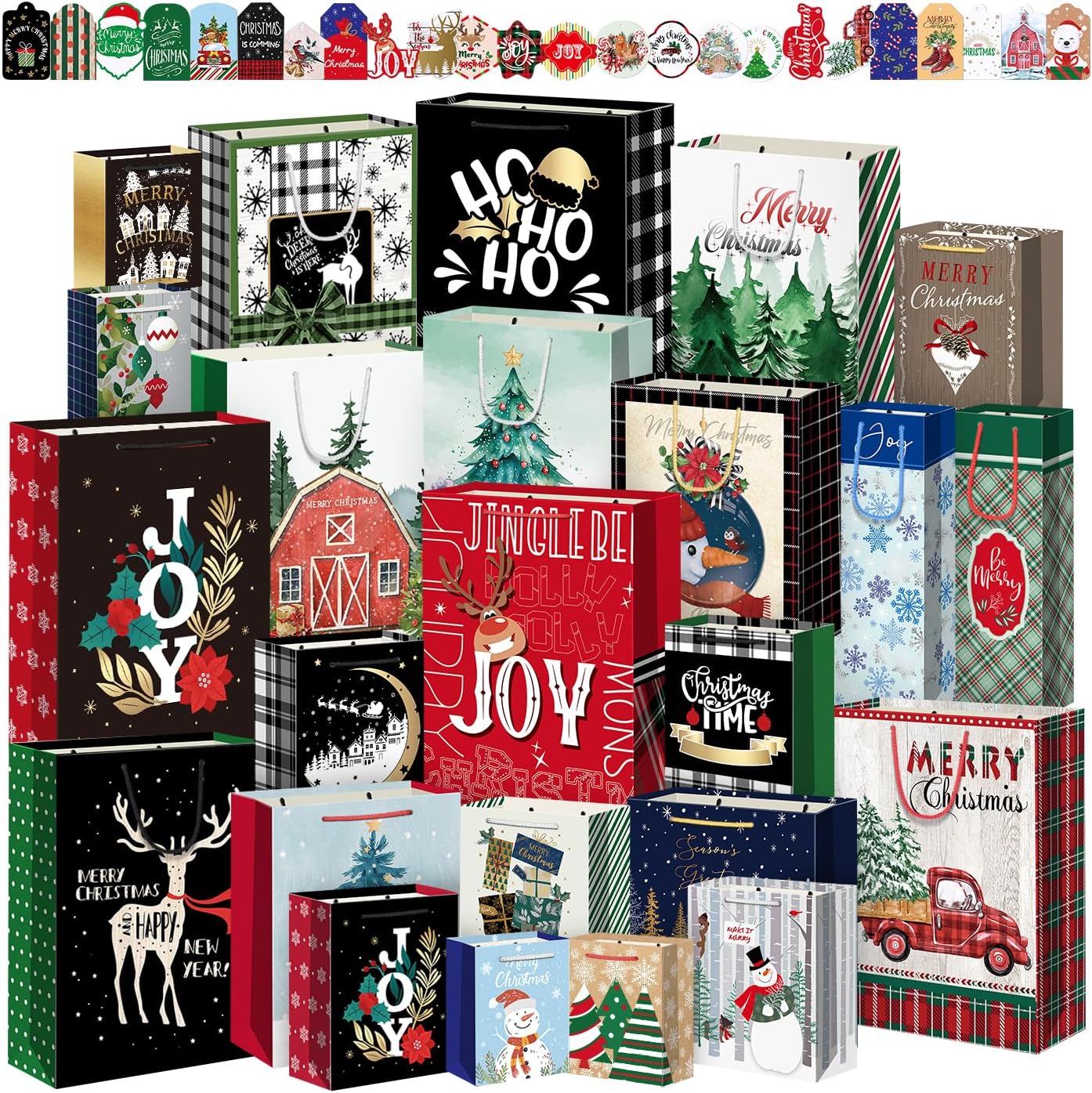 DECHISY 24Pack Christmas Gift bags Assorted Sizes with 24 Gift Tags,Christmas Paper Bags with Handle, 6 Jumbo 6 Large 6 Medium 4 Small 2 Wine Gift Bags for Presents, Xmas Party Favors