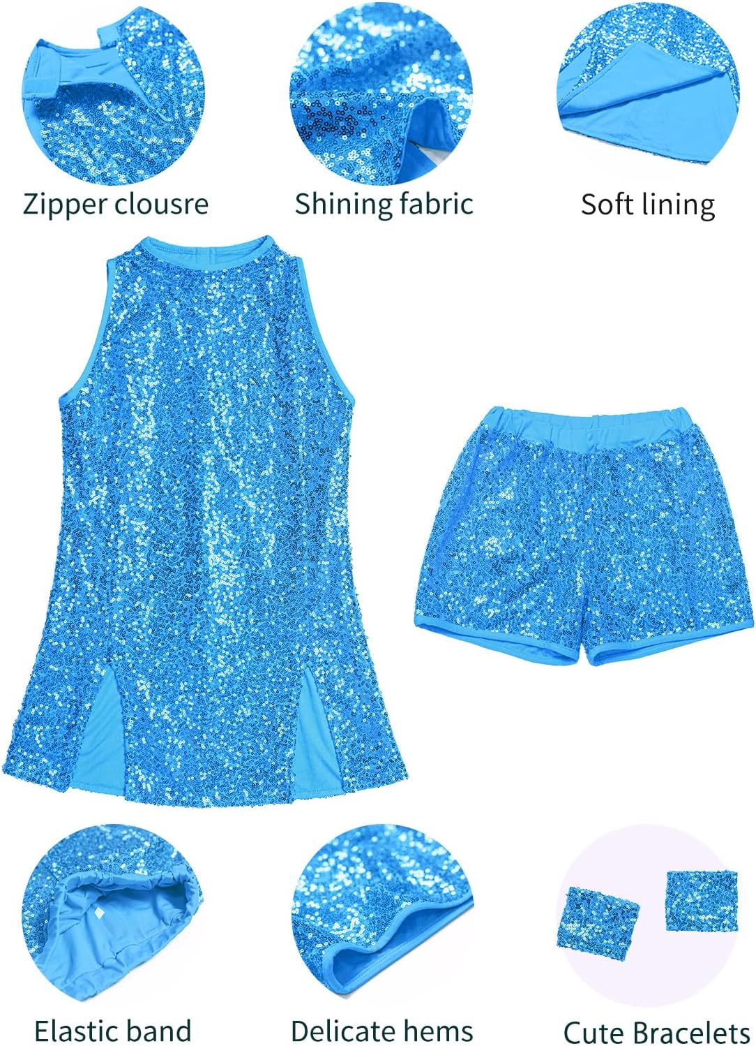 LOLANTA Girls 4PCS Sequin Dance Costume Sparkle Dress & Shorts Hip Hop Jazz
