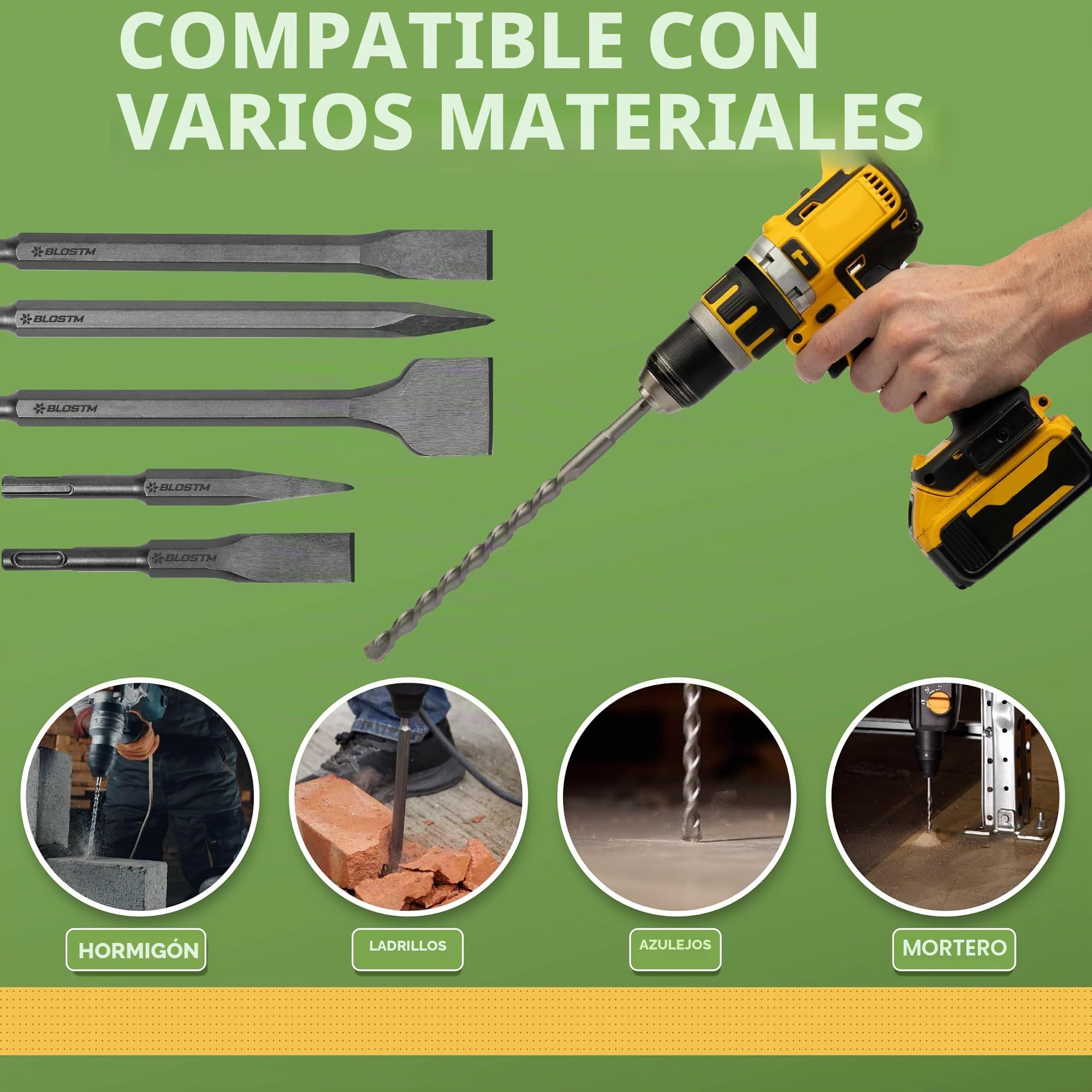 BLOSTM Juego de brocas SDS Plus de 17 piezas - Brocas de cincel SDS y brocas de martillo con estuche de almacenamiento compacto para hormigón, baldosas, ladrillos y más