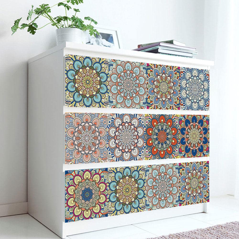 LMYSXAOZ Stick on Tiles Mandala Golden Orange Tile Stickers PVC Self Adhesive Wall Heat Resistant for Kitchen Bathroom Waterproof Peel and Floor Paint 30x30cm
