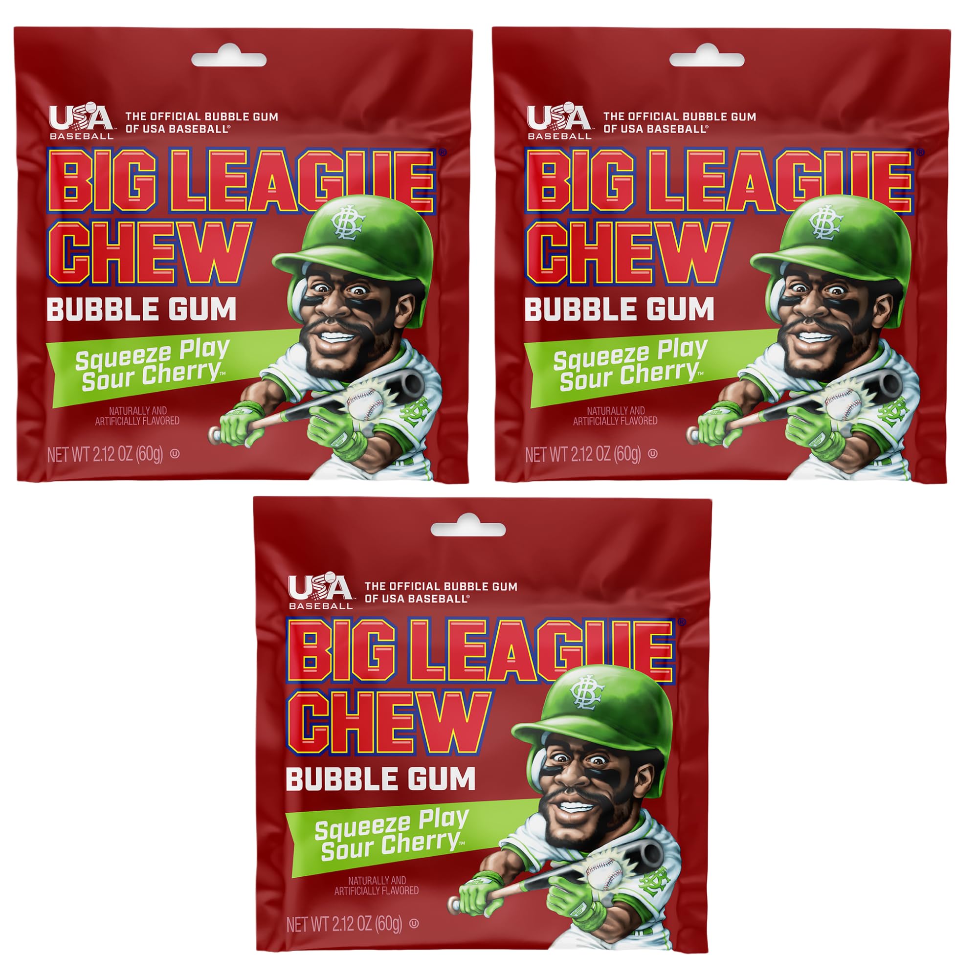 Big League Chew Sour Cherry - Chewing Bubble Gum Pack of 3, 2.12 oz | Squeeze Play Sour Cherry Bubble Gum for Baseball Treats - Baseball Chewing Gum for Kids, Party Favors & More - Softball Candy
