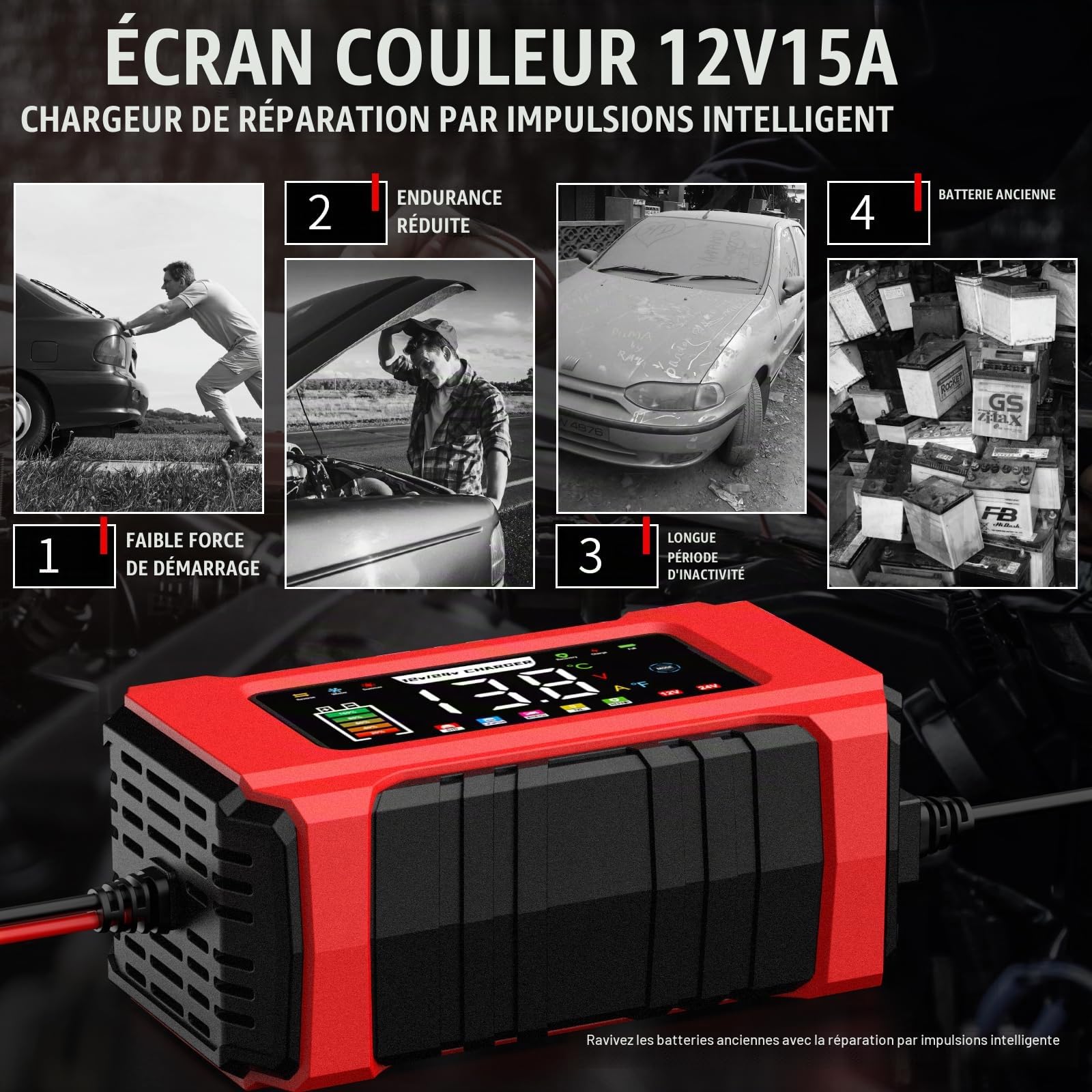 15A Chargeur Batterie Voiture, 12V/24V Chargeur avec Mémoire Intelligente