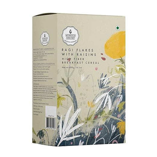 Wingreens Monsoon Harvest High Fiber Breakfast Cereal with less than 5% Sugar - Ragi Flakes with Raisins, 400g