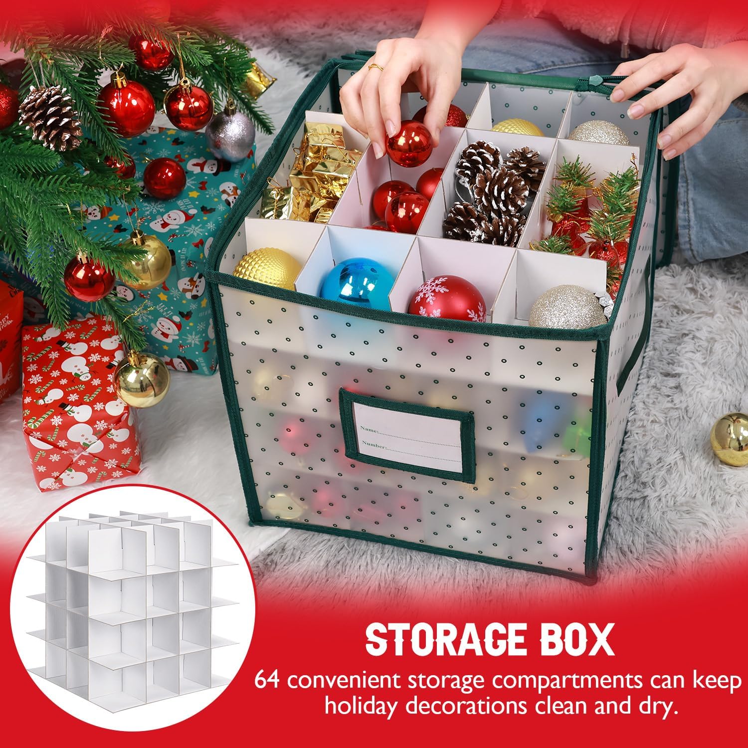 BINSUNS Christmas Ornament Storage Box, Christmas Storage Containers Organizer Bag with Dividers - Fits up to 64 Holiday Xmas Ornaments Decorations 3" Seasons Balls(Green) - Image 5