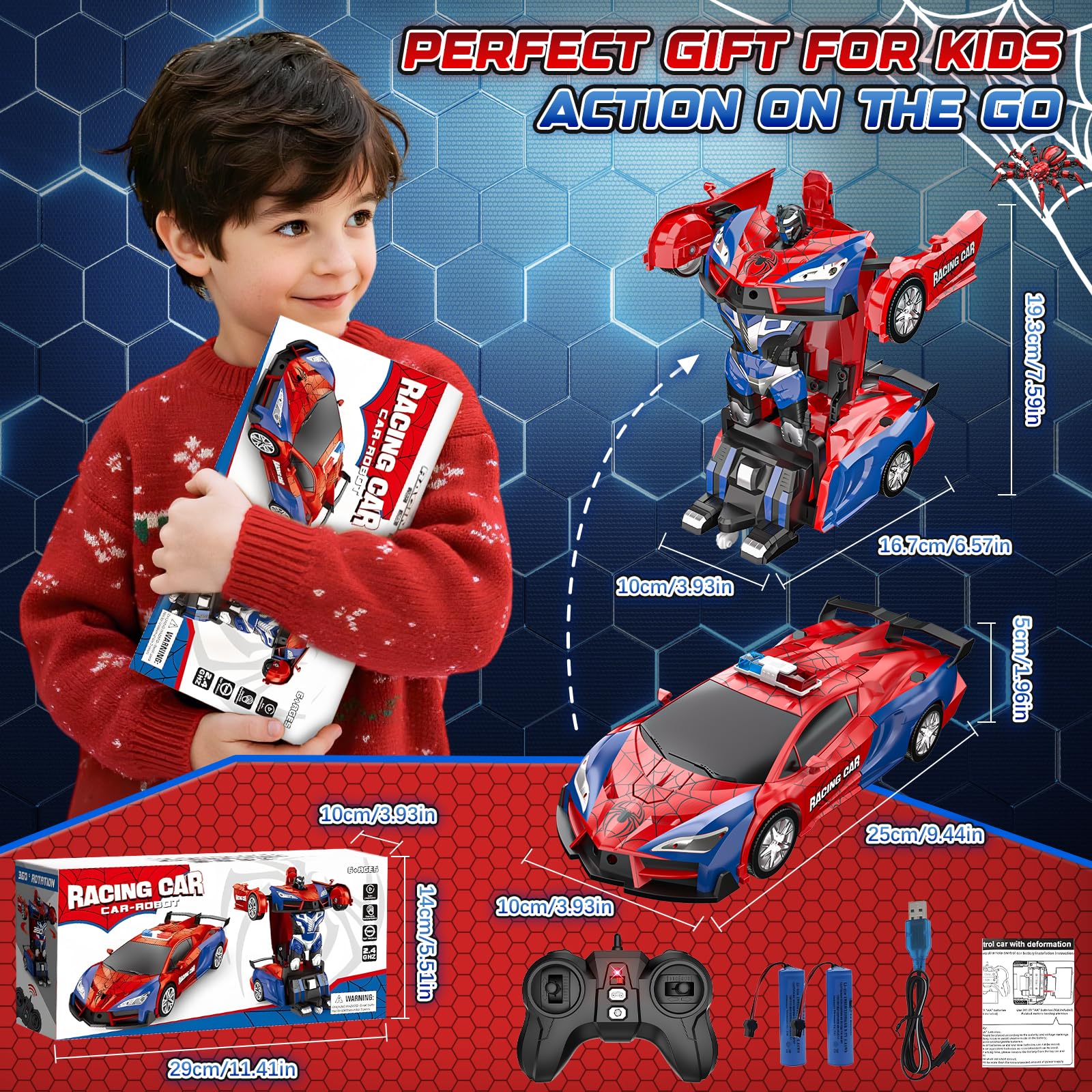 Spider Transform Ferngesteuertes Auto - 2.4GHz RC Spielzeug ab 3 4 5 6 7 8+ Jahre Junge Mädchen, 1:18 Roboter RC Auto mit One-Key Transformation & 360° Drehung, Kinder Weihnachten Geburtstag Geschenke