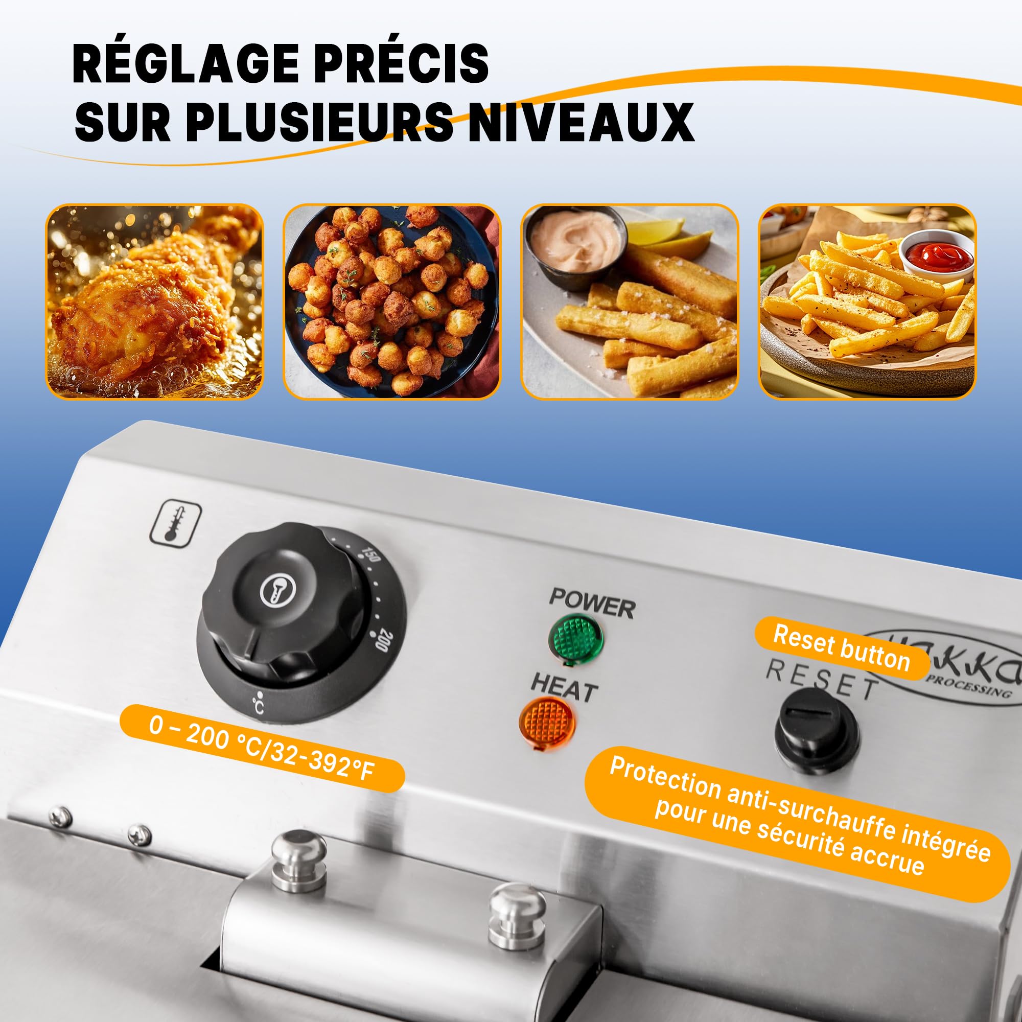 Hakka Friteuses électriques Professionnelles, Grande Capacité 10 L, en Acier Iinoxydable, Avec égouttoir, Panier et Couvercle, Cuve Simple(220V, 3000W)