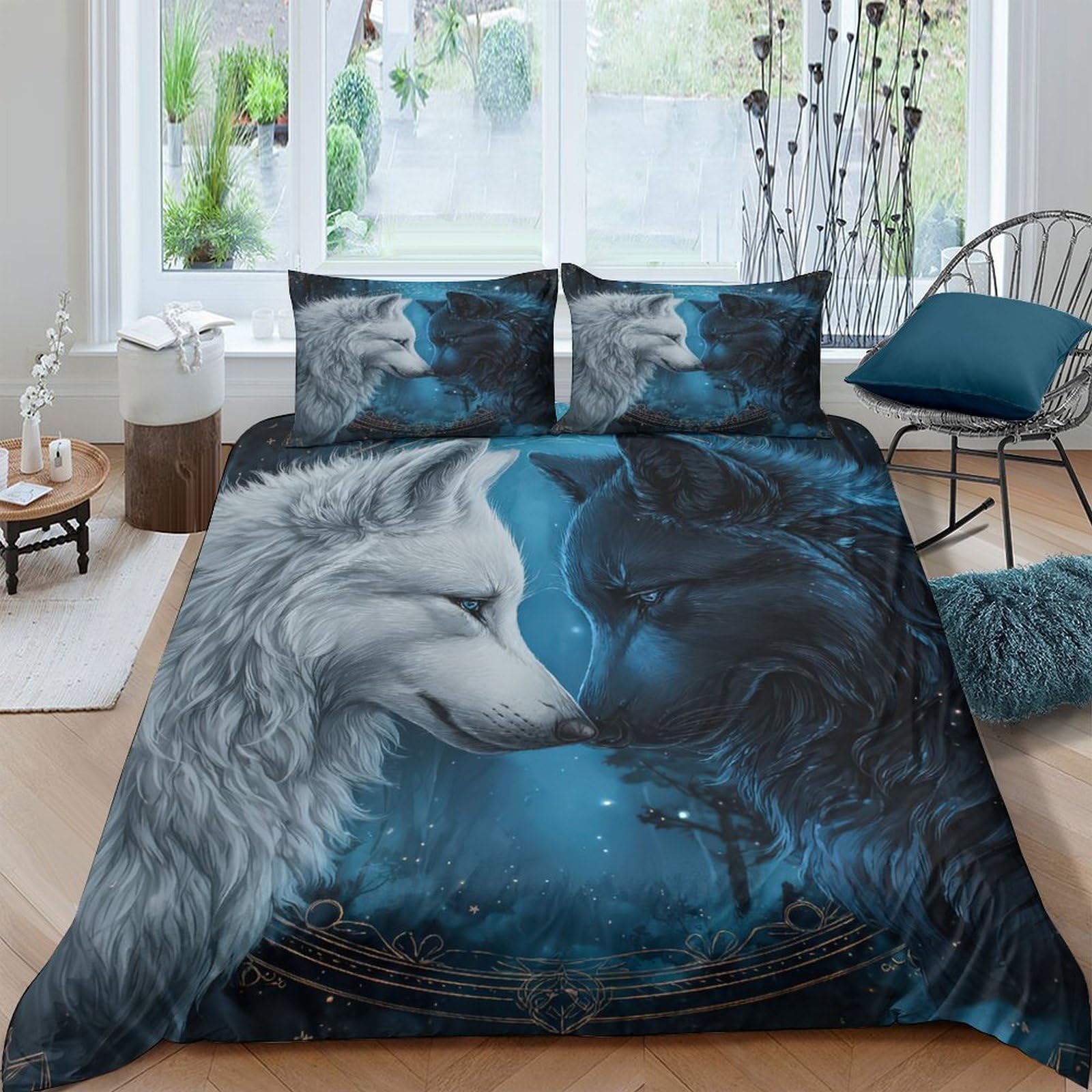 Ctjqhvkz Style-4 3D Printed Blue Wolf Fitted Sheet Microfiber Soft Breathable Moon Forest Mattress Cover For Bedroom Dorm Decor Single（135X200cm）