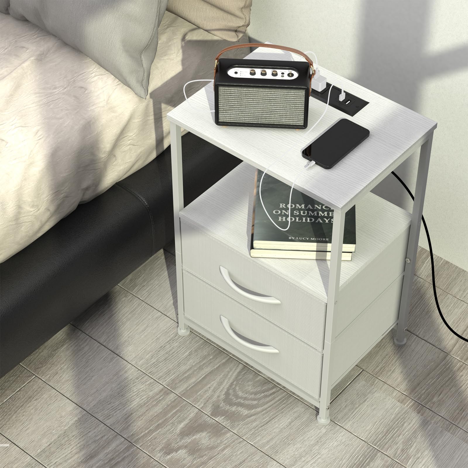 DOMYDEVM White Nightstand with Charging Station Bedroom Night Stand Bedside Table with USB Ports and Outlets Small Side End Table with 2 Fabric Storage Drawers for Living Room Dorm