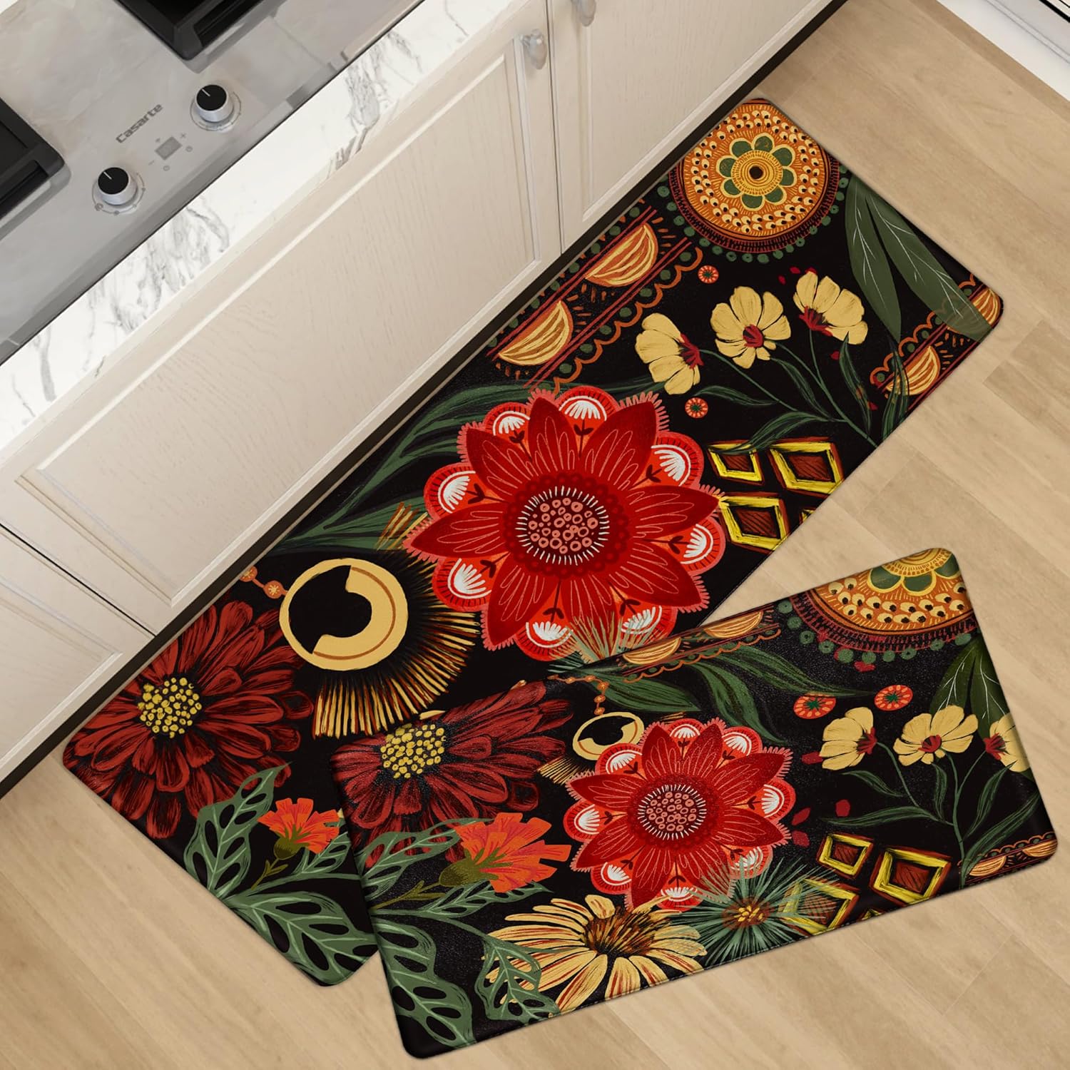 Tyrot Black Boho Floral Kitchen Mats Rugs Sets of 2 Christmas Red Cushioned Anti Fatigue Floor Mat Comfort Kitchen Rugs Farmhouse Style Non Slip Waterproof Botanical Standing Mat for Sink Laundry