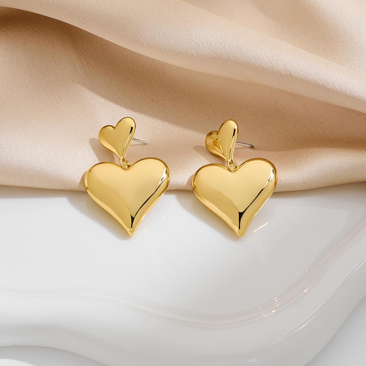 FAMARINE 14K Gold Plated Heart Earrings for Mom Classic Love Dangle Earrings Gift for Women - Image 4