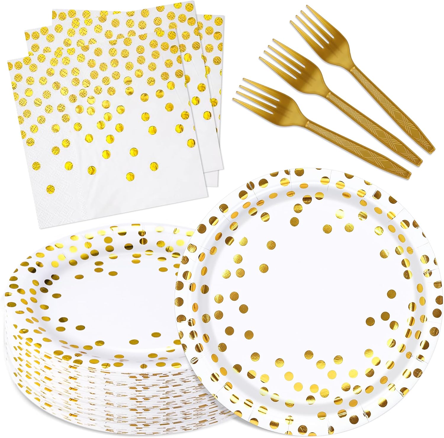 75‑Piece White and Gold Paper Plates with Gold Forks Party Supplies, Serves 25 Guests, White Gold Disposable Paper Tableware Set for Birthday, Graduation, Retirement Party Decorations