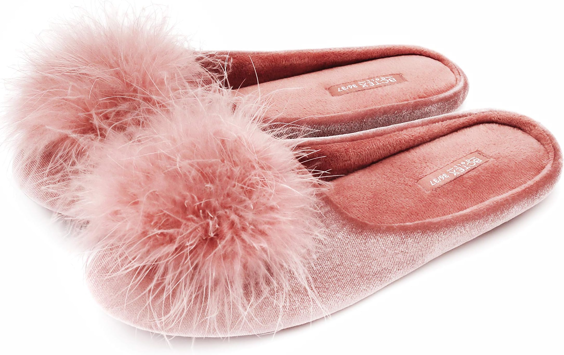 BCTEX COLL Women's Slippers, Feather Fluffy House Slippers for Women Ladies Pom Pom Memory Foam Velvet House Shoes with Rubber Sole Slip on Slippers Rose Pink, 43654