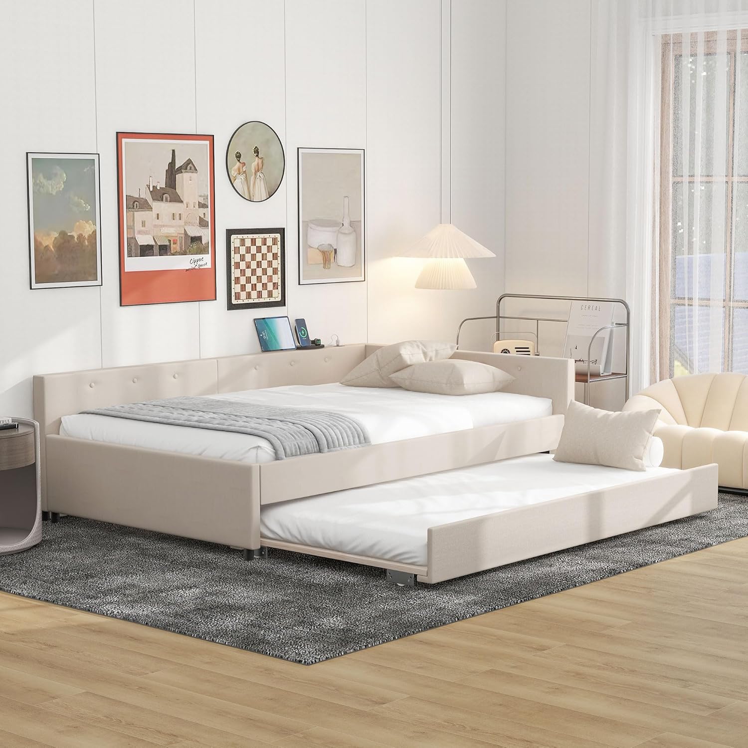 Full Size Linen Upholstered Platform Bed with USB Ports and Twin Size Trundle,Modern Wooden Bed Frame w/Wood Slats Support,No Box Spring Required,for Dormitory,Apartment,Beige