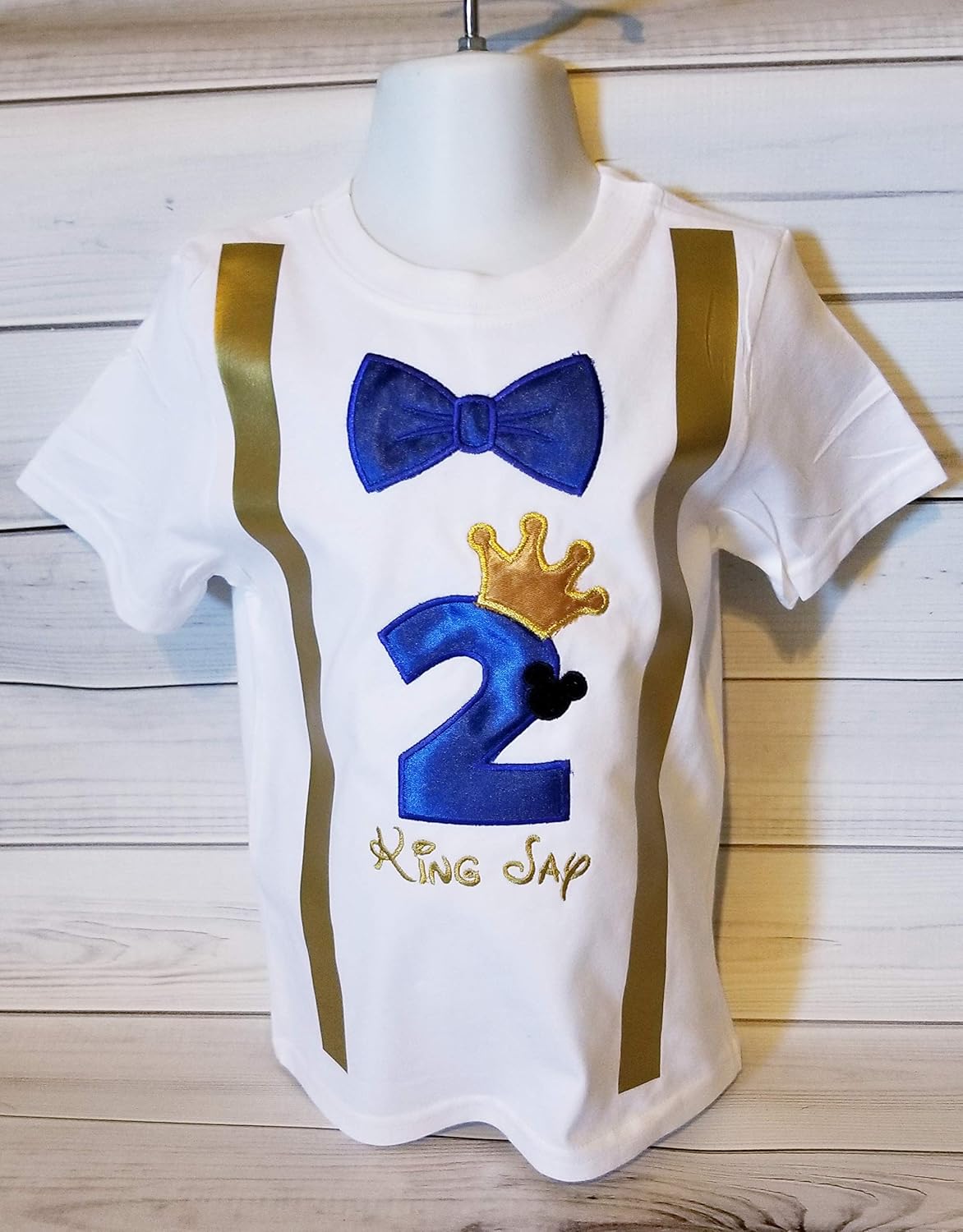 Mickey Birthday Shirt – Blue Number with Gold Crown & Mickey Head – Faux Suspenders & Bow Tie for First Birthday – Sizes 1–6